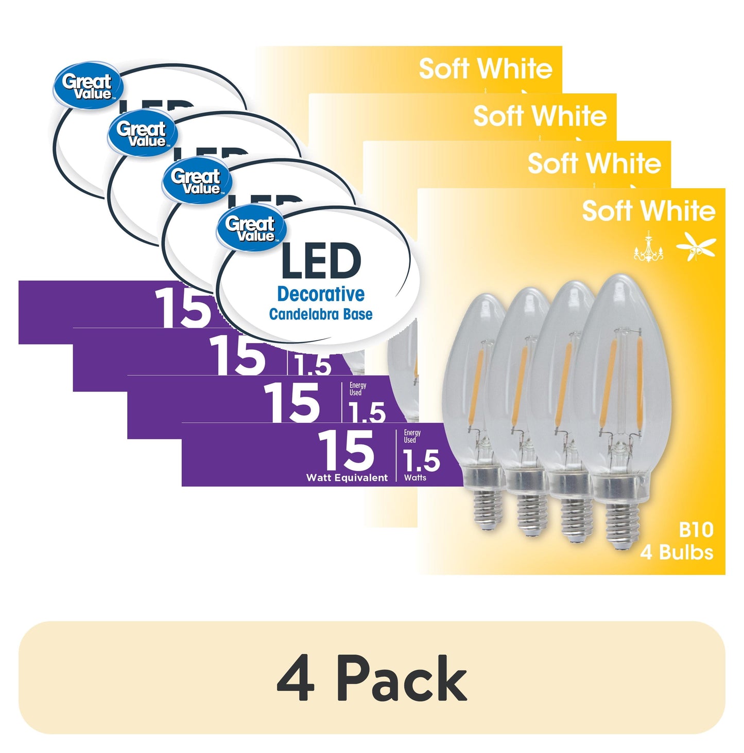 (4 pack) Great Value LED Light Bulb, 1.5 Watts (15W Equivalent) B10 Deco Lamp E12 Candelabra Base, Non-dimmable, Soft White, 4-Pack