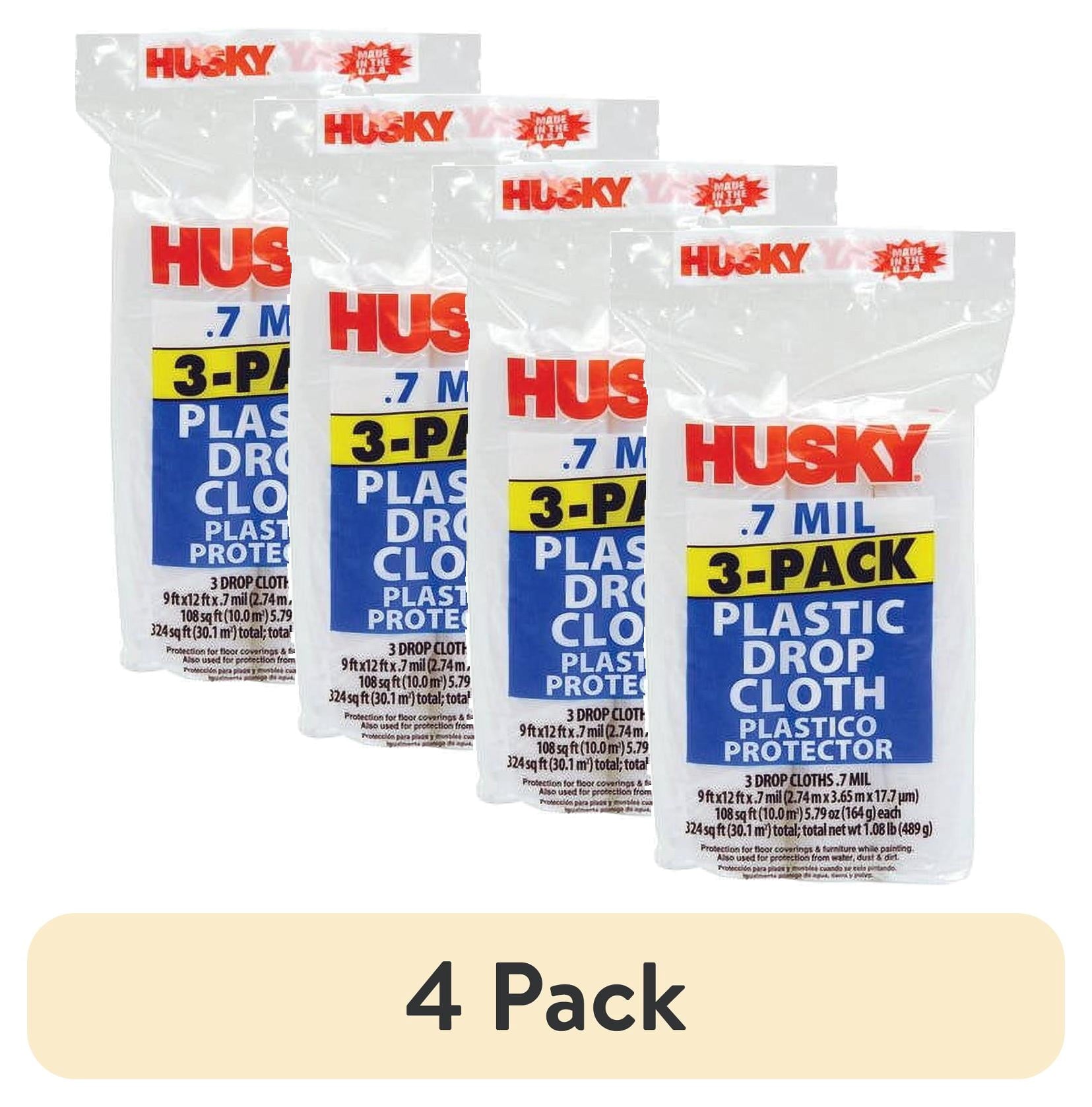 (4 pack) Husky Clear Plastic Drop Cloth, 0.7 Mil, 9 Ft x 12 Ft, 3 Pack