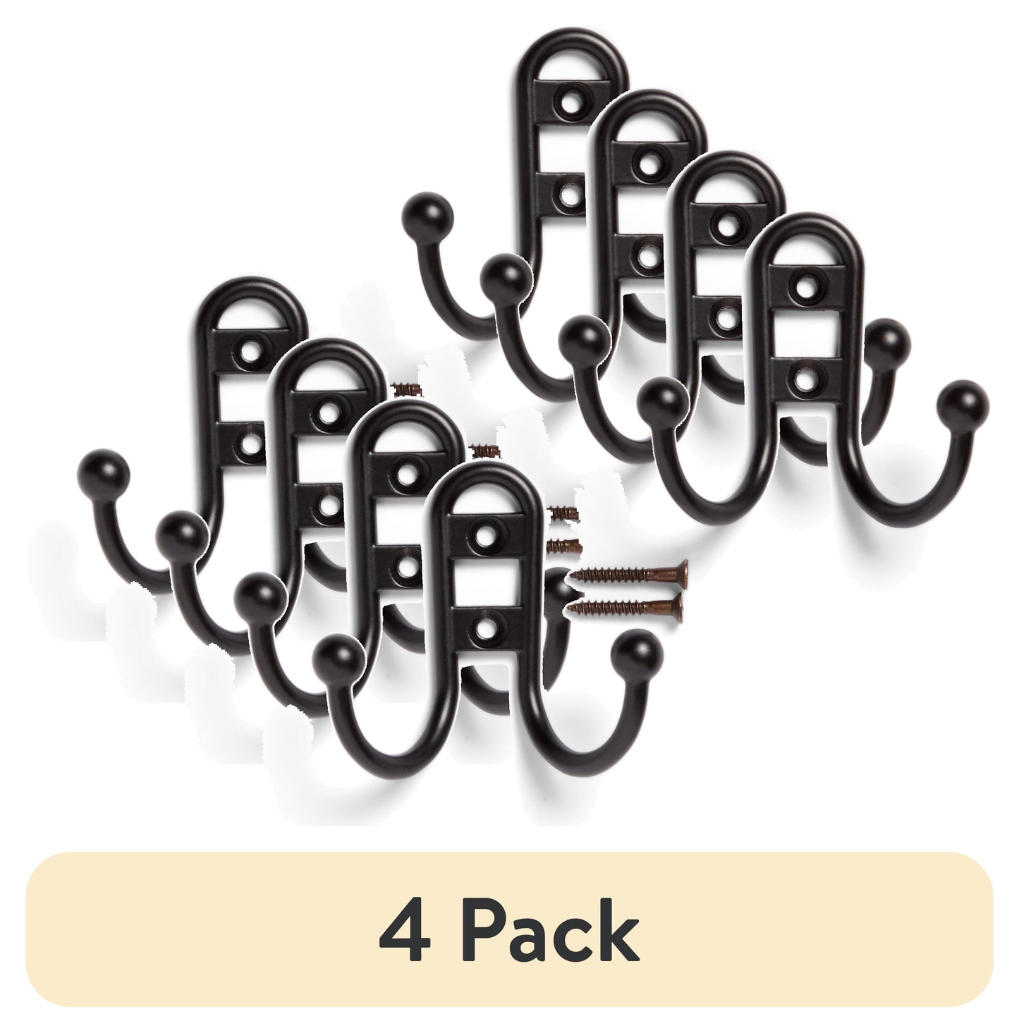(4 pack) Mainstays, Double Hook Bronze Metal Hooks, Clutter-Free Hooks for Hanging Towels and Coats, 10 lbs Capacity, 3 Pack