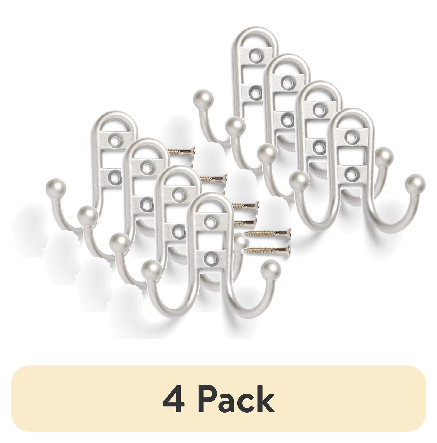 (4 pack) Mainstays, Double Hook Satin Nickel Metal Hooks, Clutter-Free Hooks for Hanging Towels and Coats, 10 lbs Capacity, 3 Pack