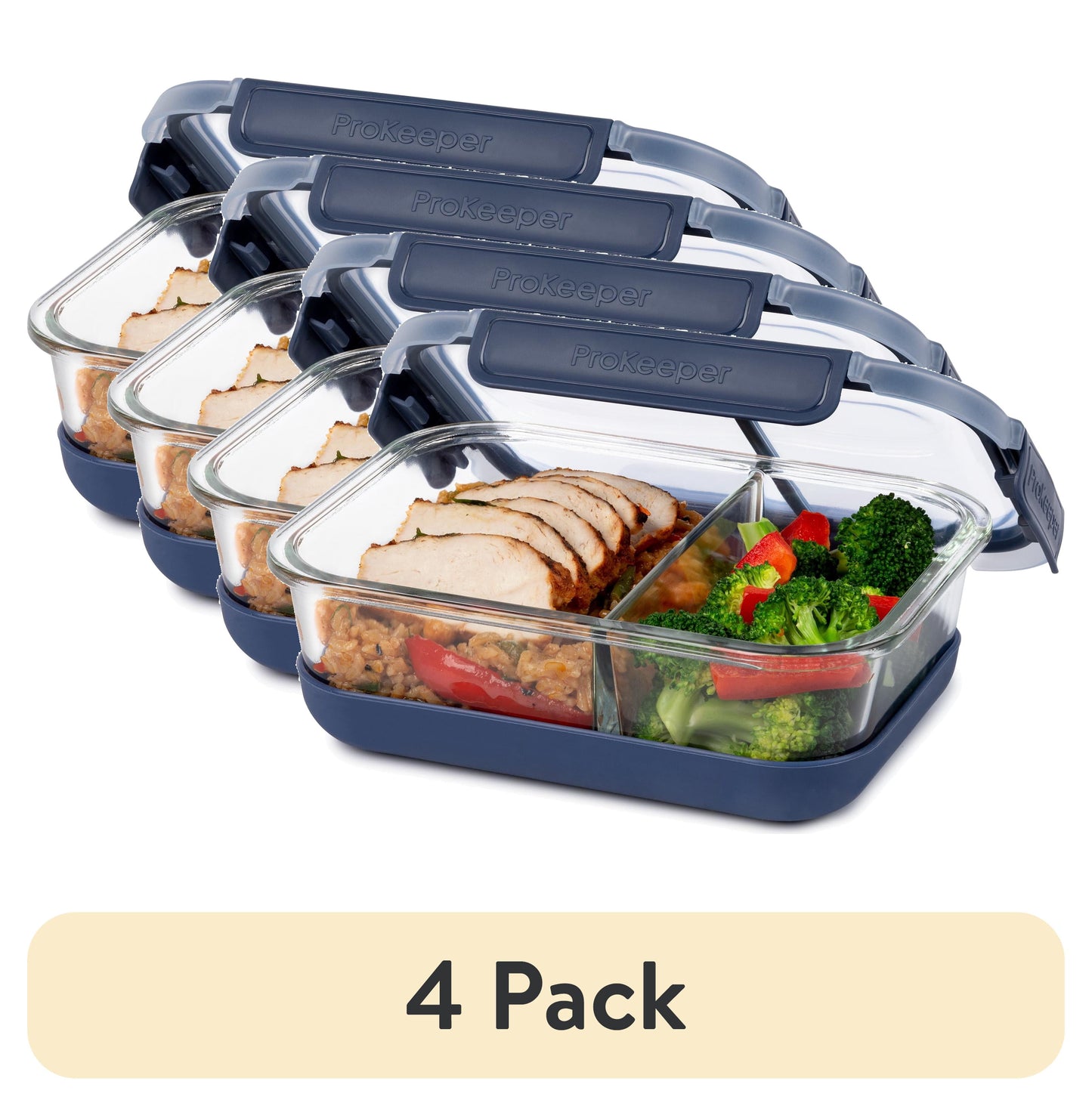 (4 pack) ProKeeper+ Borosilicate Glass Lunch and Salad Storage Container with Silicone Base and Snap-Lock Lid