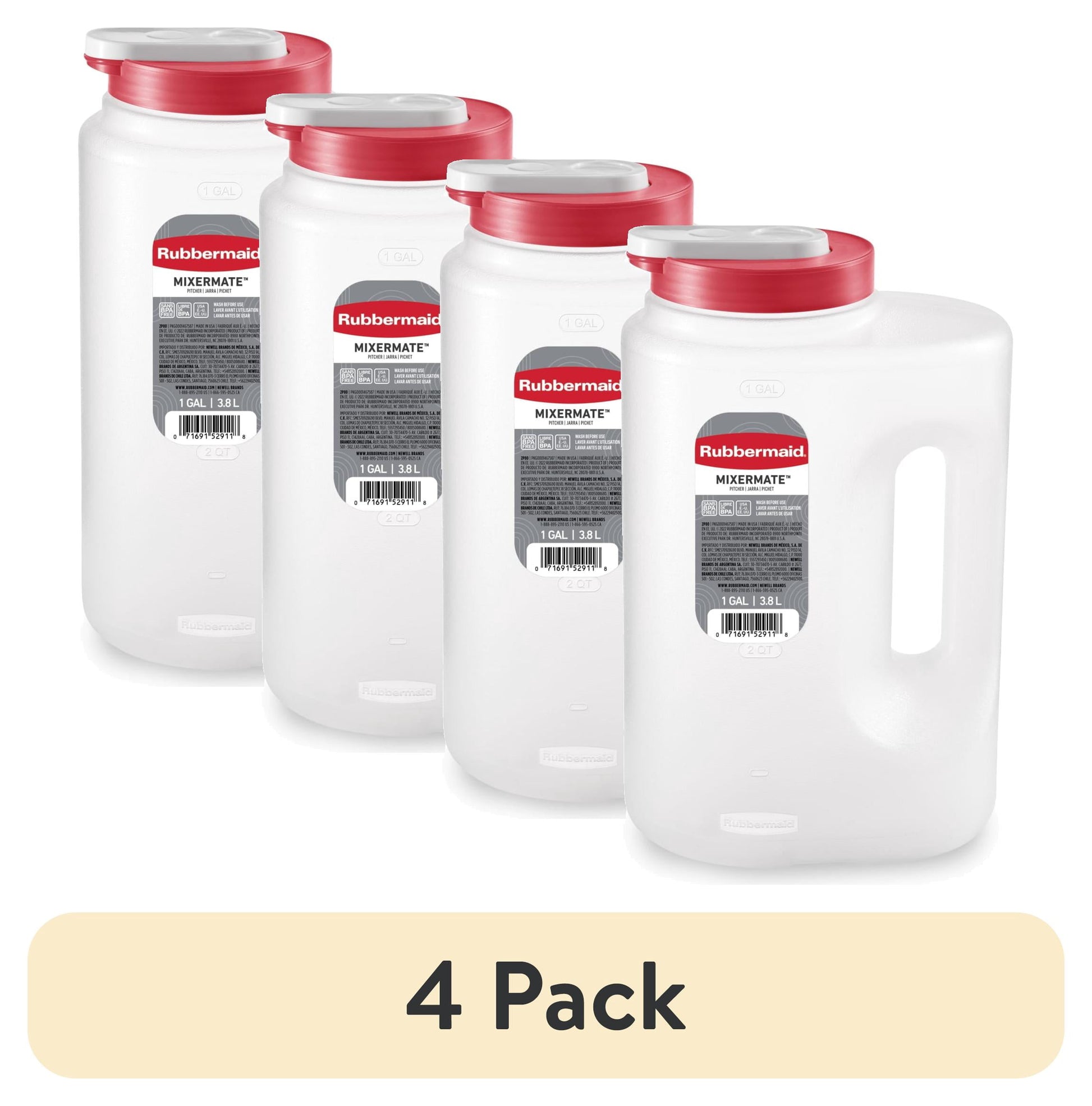 (4 pack) Rubbermaid Mixermate Leak-Resistant Pitcher, Clear, 3.8 Liter (1 Gallon), Plastic