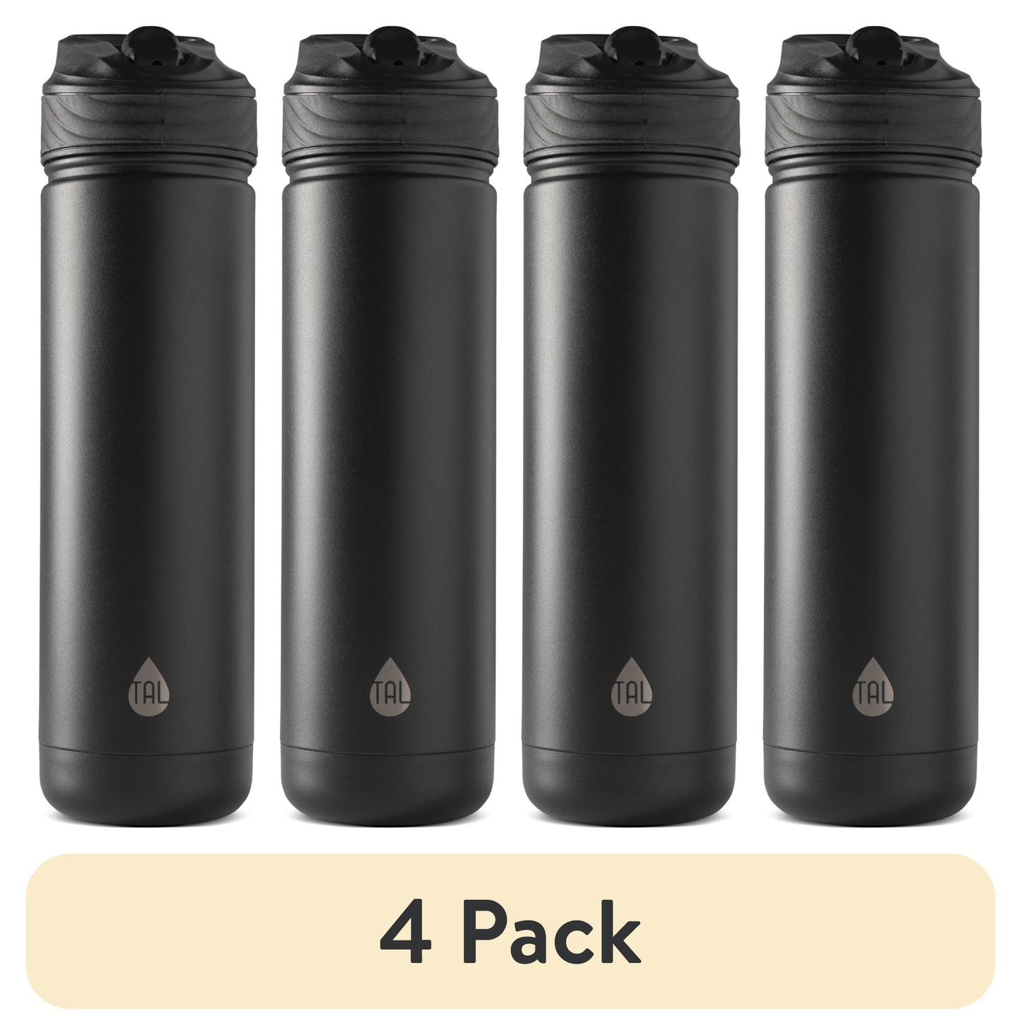 (4 pack) TAL 26oz Stainless Steel Ranger Water Bottle with Easy Sip Straw, Black