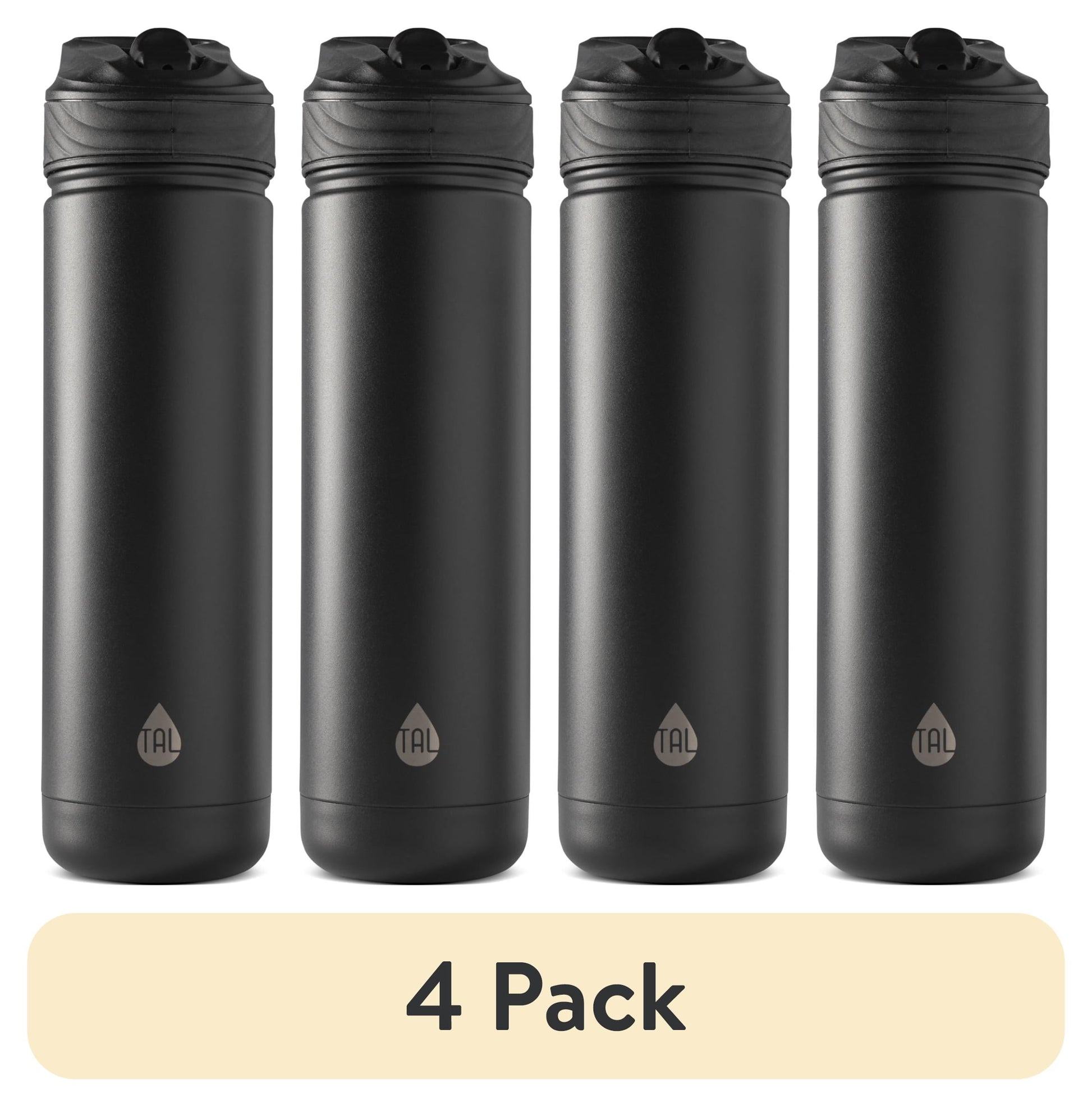 (4 pack) TAL 26oz Stainless Steel Ranger Water Bottle with Easy Sip Straw, Black