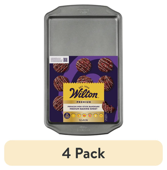 (4 pack) Wilton Premium Steel Non-Stick Medium Cookie Sheet 10x 15 Baking Pan with Handles Rectangular Shape, Packaging May Vary