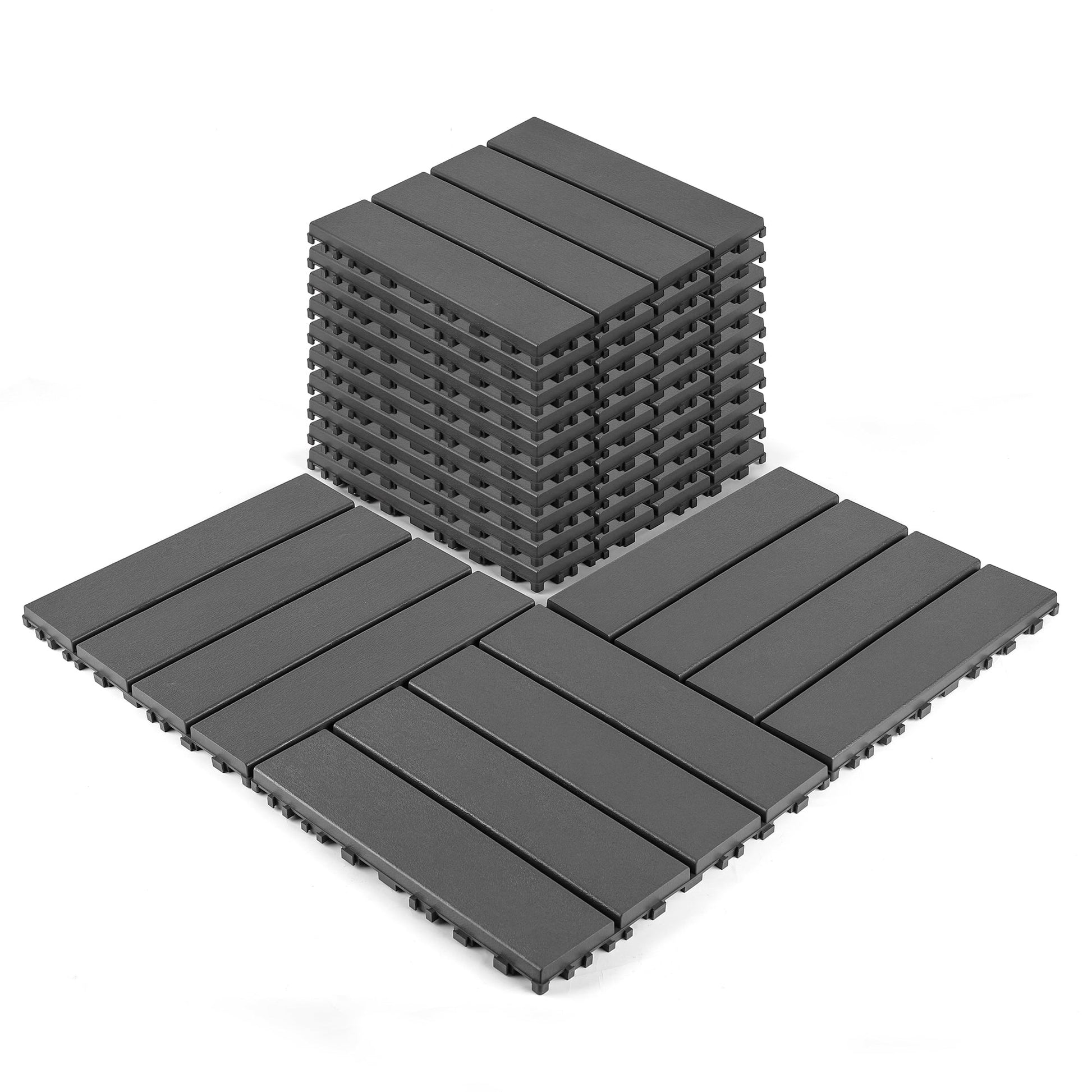 44 Pack Plastic Interlocking Deck Tiles,12"x12" Waterproof Indoor/Outdoor Floor Tiles,All-Weather Patio Floor Decking Tiles for Garden,Lawn,Porch,Poolside,Balcony,Striped 02,Dark Gray