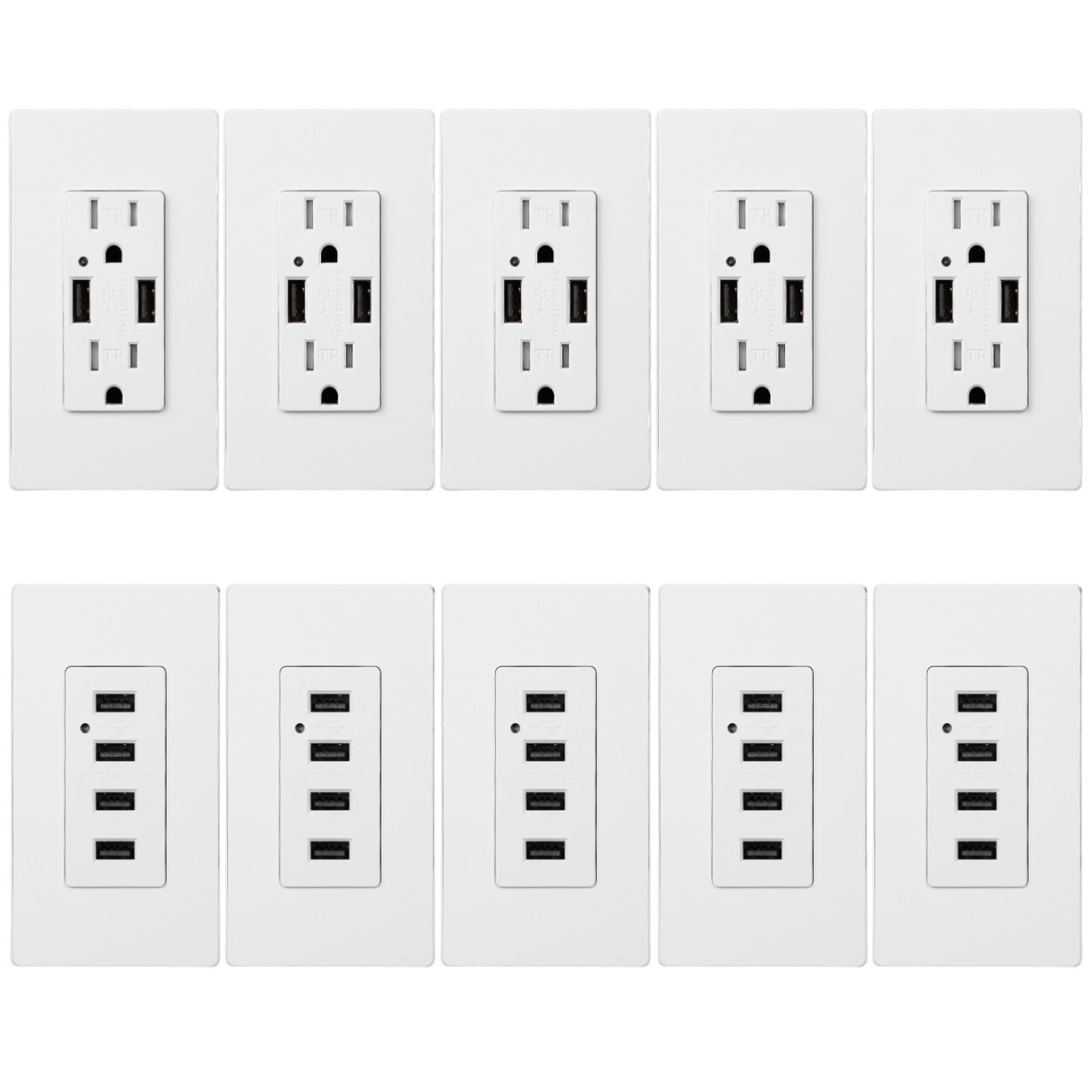 5 Pack 2 USB and 2 AC Outlets Charging Wall Outlets + 5 Pack 4 USB Charging Wall Outlets, Wall Plate Included, UL Listed, White