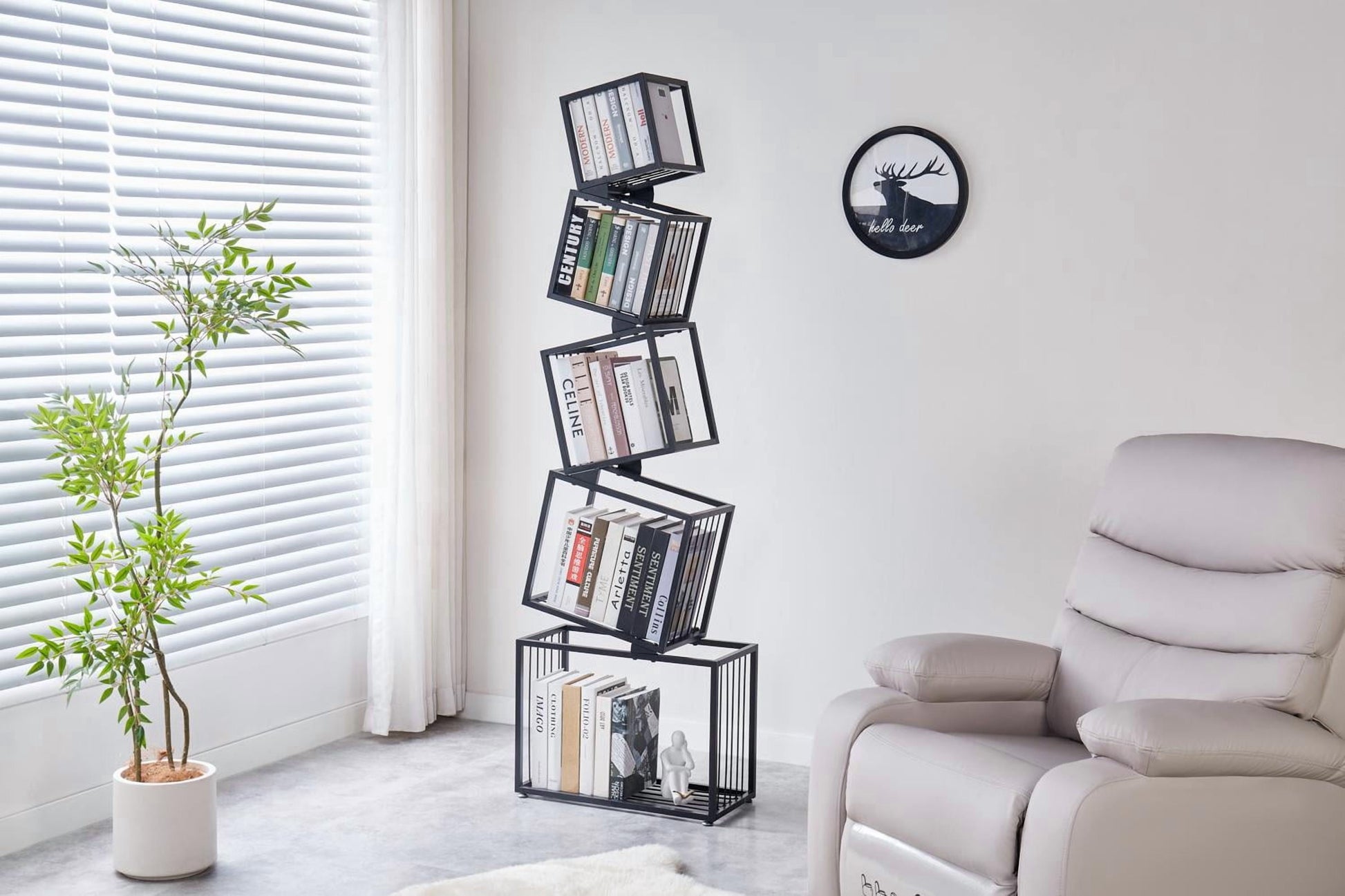 5 Tier Geometric Metal Bookshelf, Narrow Floor Bookcase, Space Saving Organizer for Living Room Bedroom Office, Black, 72 Inch Height