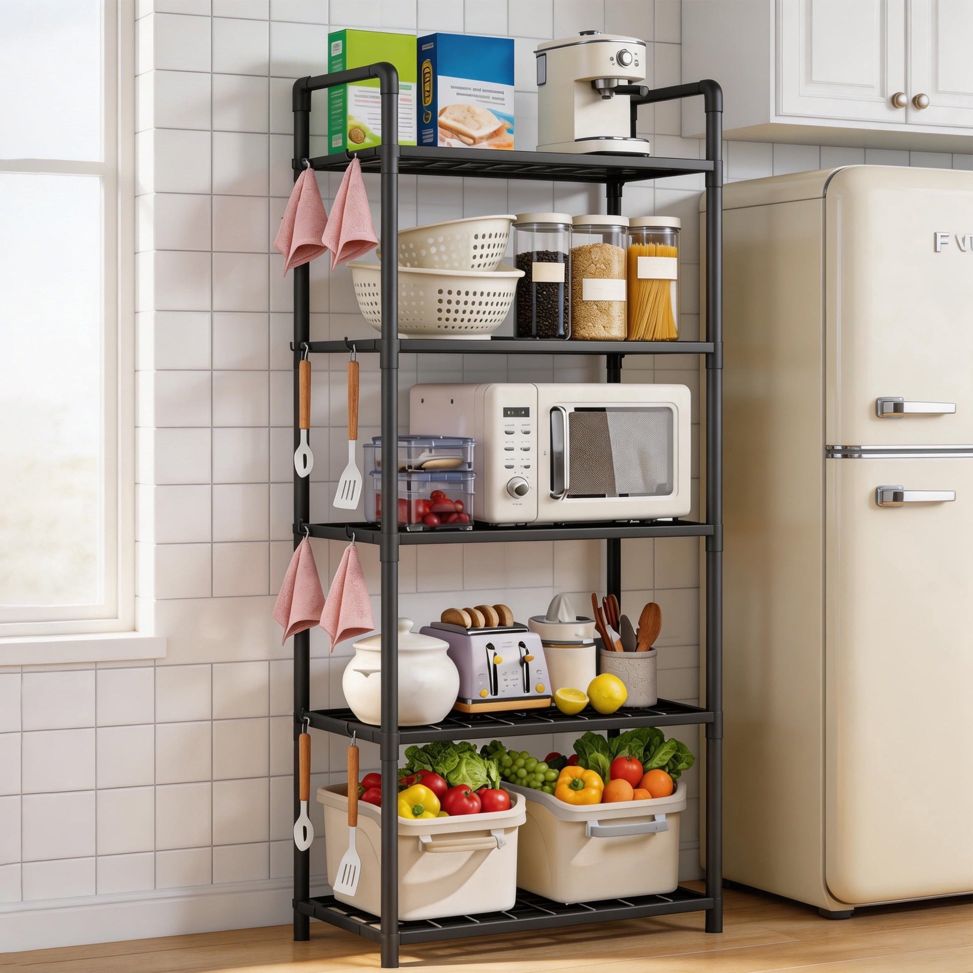 5-Tier Storage Shelves, Plastic Shelving Unit with Hooks, Multipurpose Storage Shelves Rack for Garage Kitchen Pantry Closet Bathroom Laundry, 10.6"D x 20"W x 57"H, Black