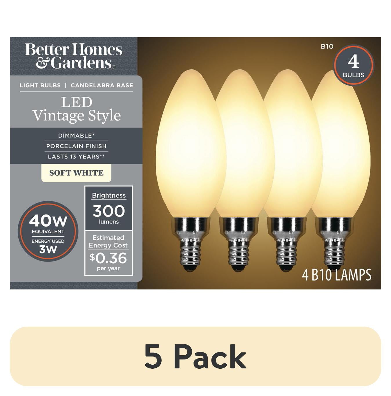 Better Homes & Gardens B10 Vintage LED Light Bulb, 40 watts Soft White Porcelain, E12, Dim, 4 Pack