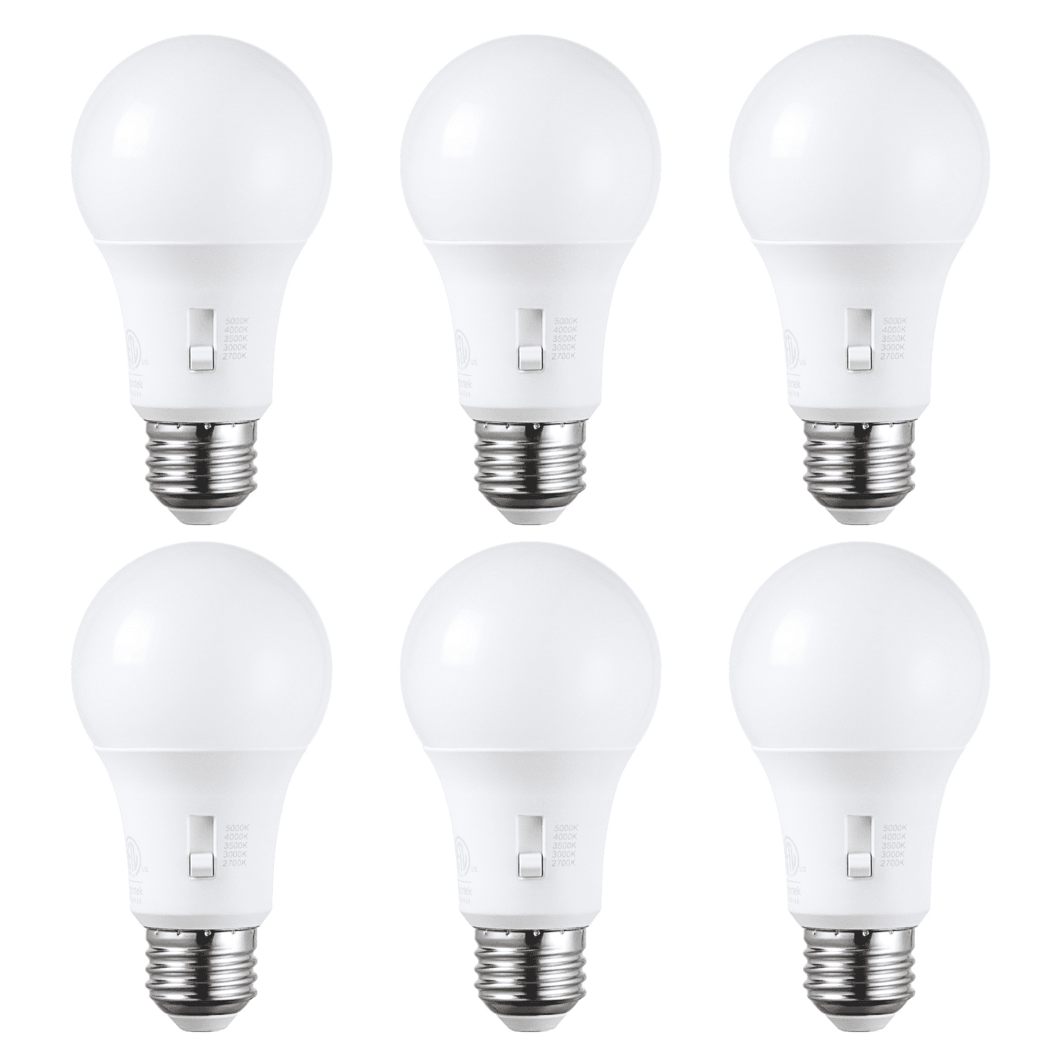 6 Pack 5CCT A19 LED Light Bulb, Dimmable, E26 Base, 2700K/3000K/3500K/4000K/5000K Selectable, 800LM, UL FCC Listed