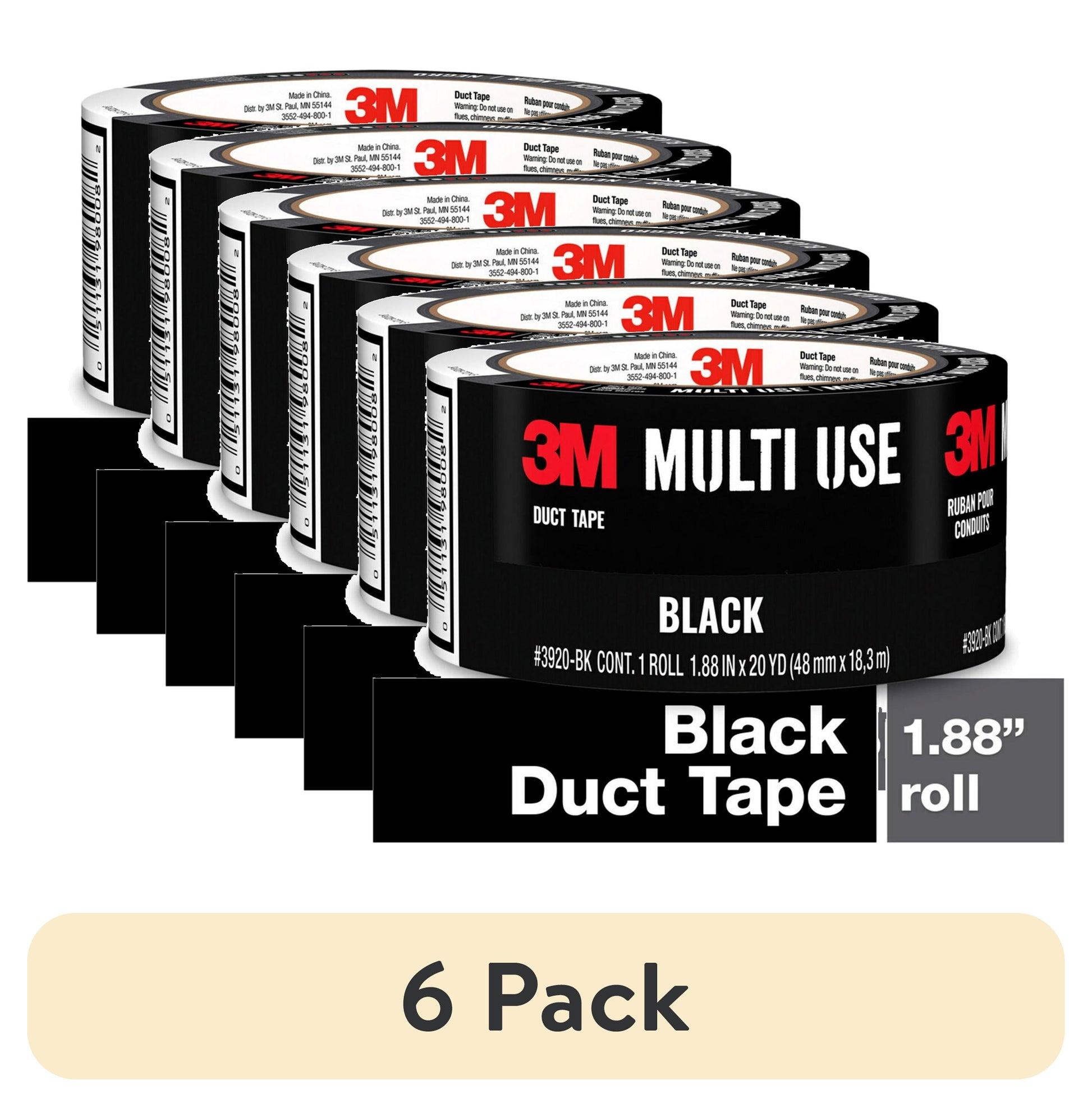 (6 pack) 3M Duct Tape, 1.88 in x 20 yd, Black, 1 Roll/Pack
