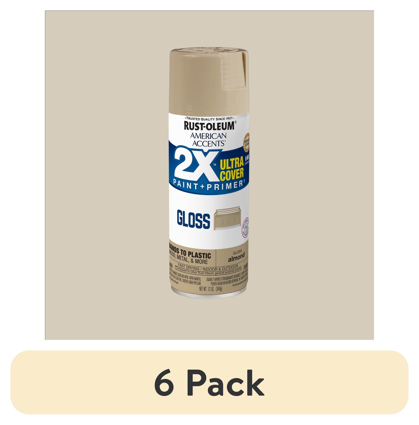 (6 pack) Almond, Rust-Oleum American Accents 2X Ultra Cover Gloss Spray Paint-327891, 12 oz