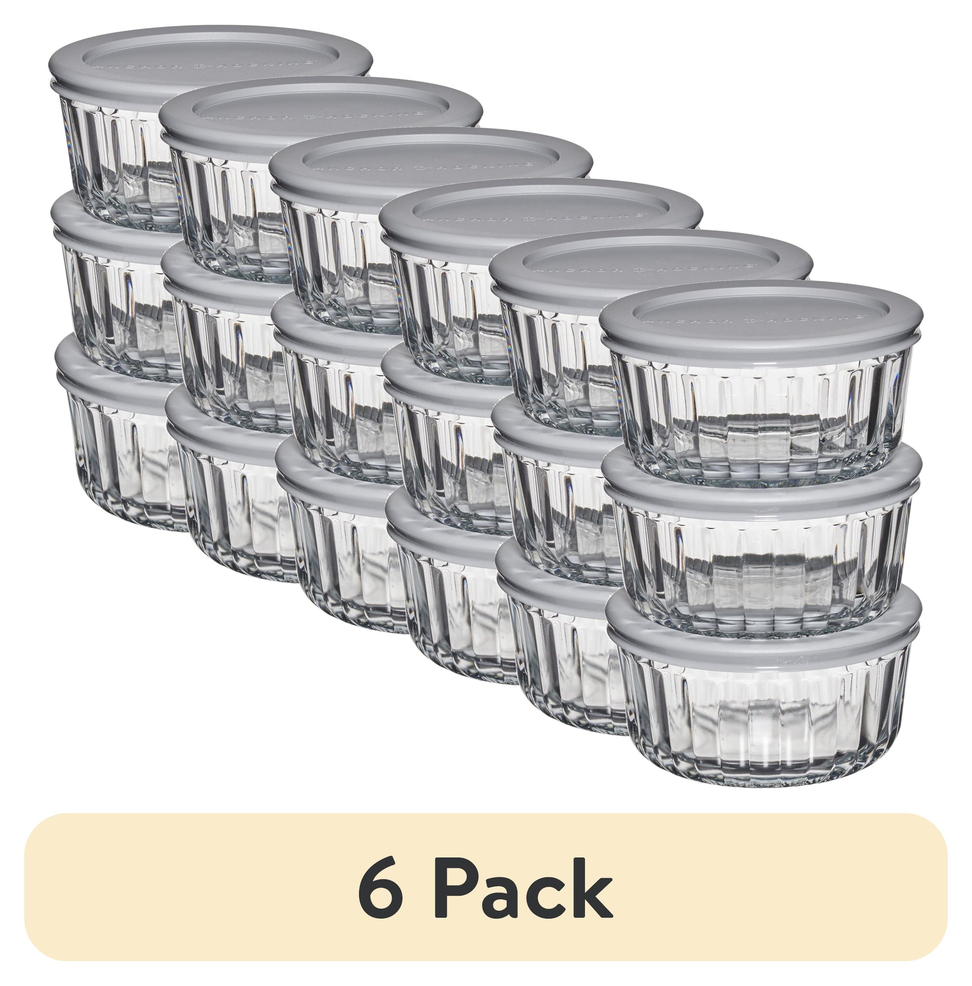 (6 pack) Anchor Hocking Sculpted Glass Food Storage Container with Lids, 2 Cup Round, Set of 3