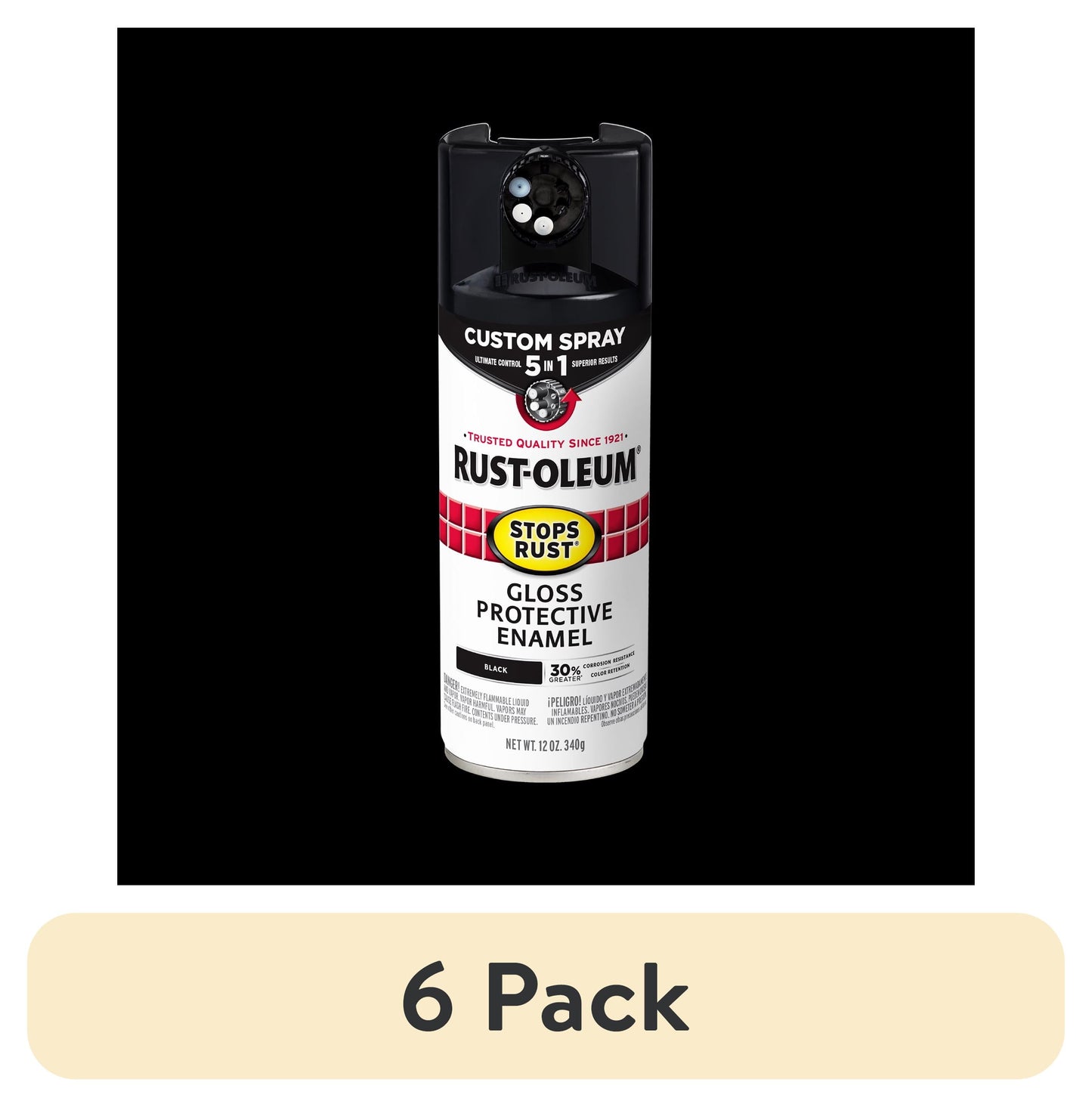 (6 pack) Black, Rust-Oleum Stops Rust Custom Sprays 5 in 1 Gloss Spray Paint-376884, 12 oz