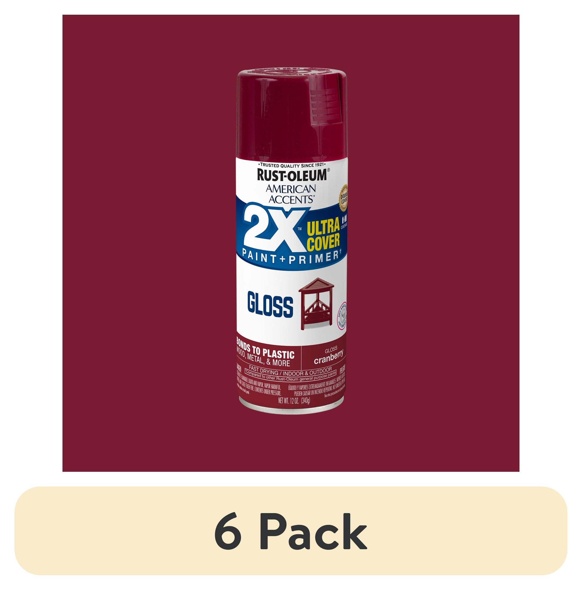 (6 pack) ArÃ¡ndano Rojo, Rust-Oleum American Accents 2X Ultra Cover Pintura en Aerosol Brillante-327893, 12 oz