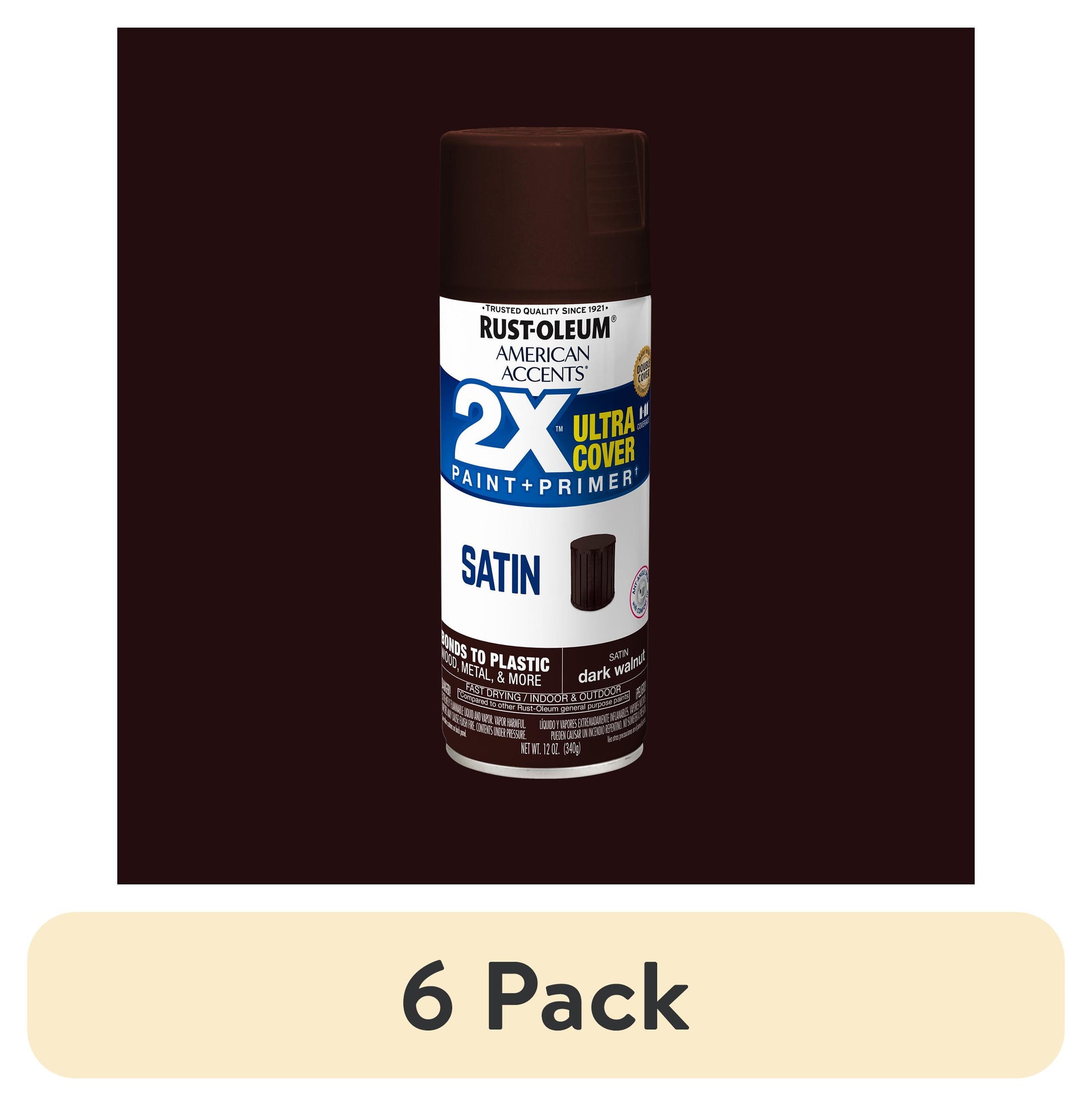 (6 pack) Nogal Oscuro, Rust-Oleum American Accents 2X Ultra Cover Pintura en Aerosol Satinada-327941, 12 oz