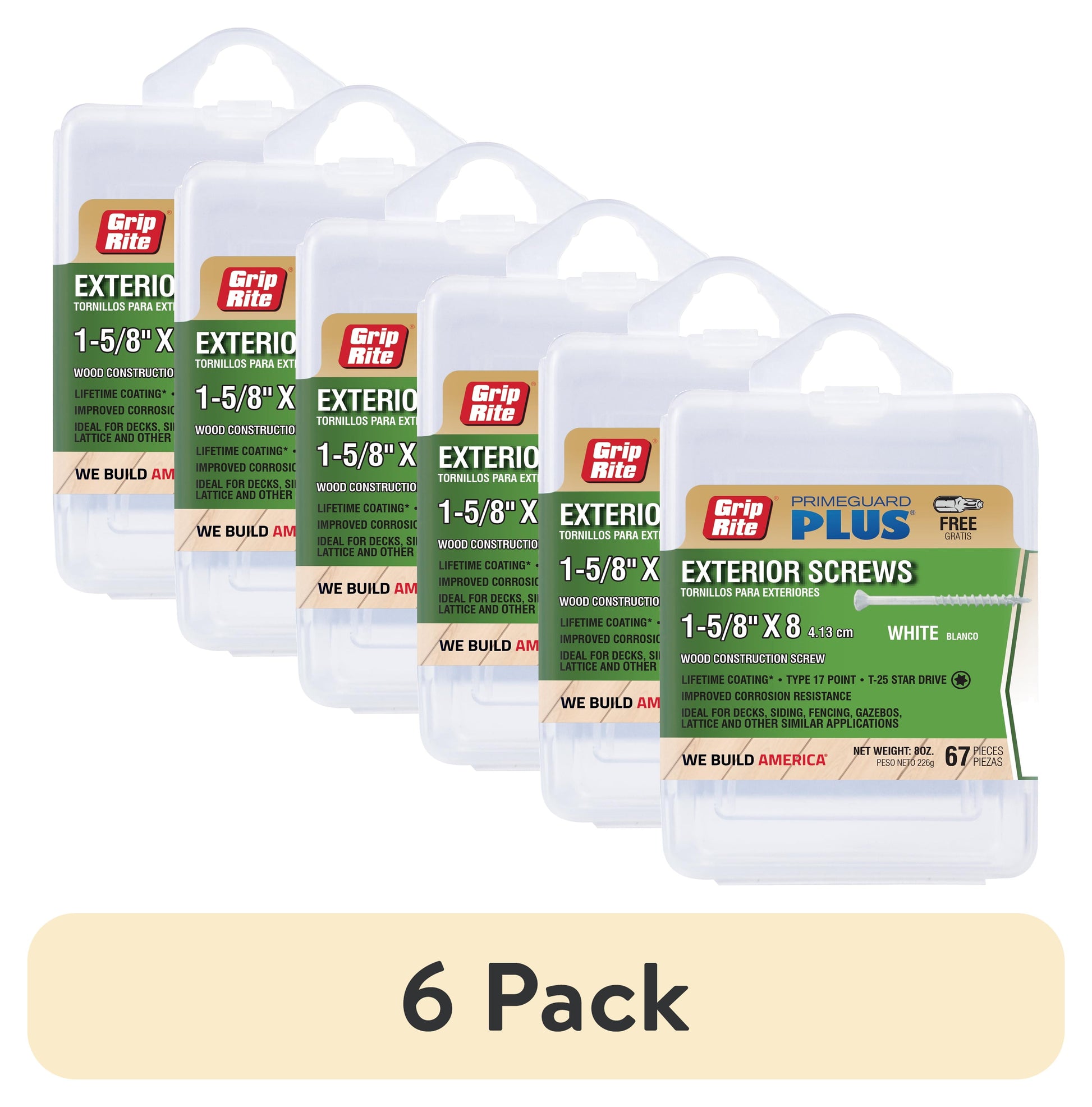 (6 pack) Grip-Rite PrimeGuard Plus #8 x 1-5/8 in. White Wood to Wood Deck Screw 67CT