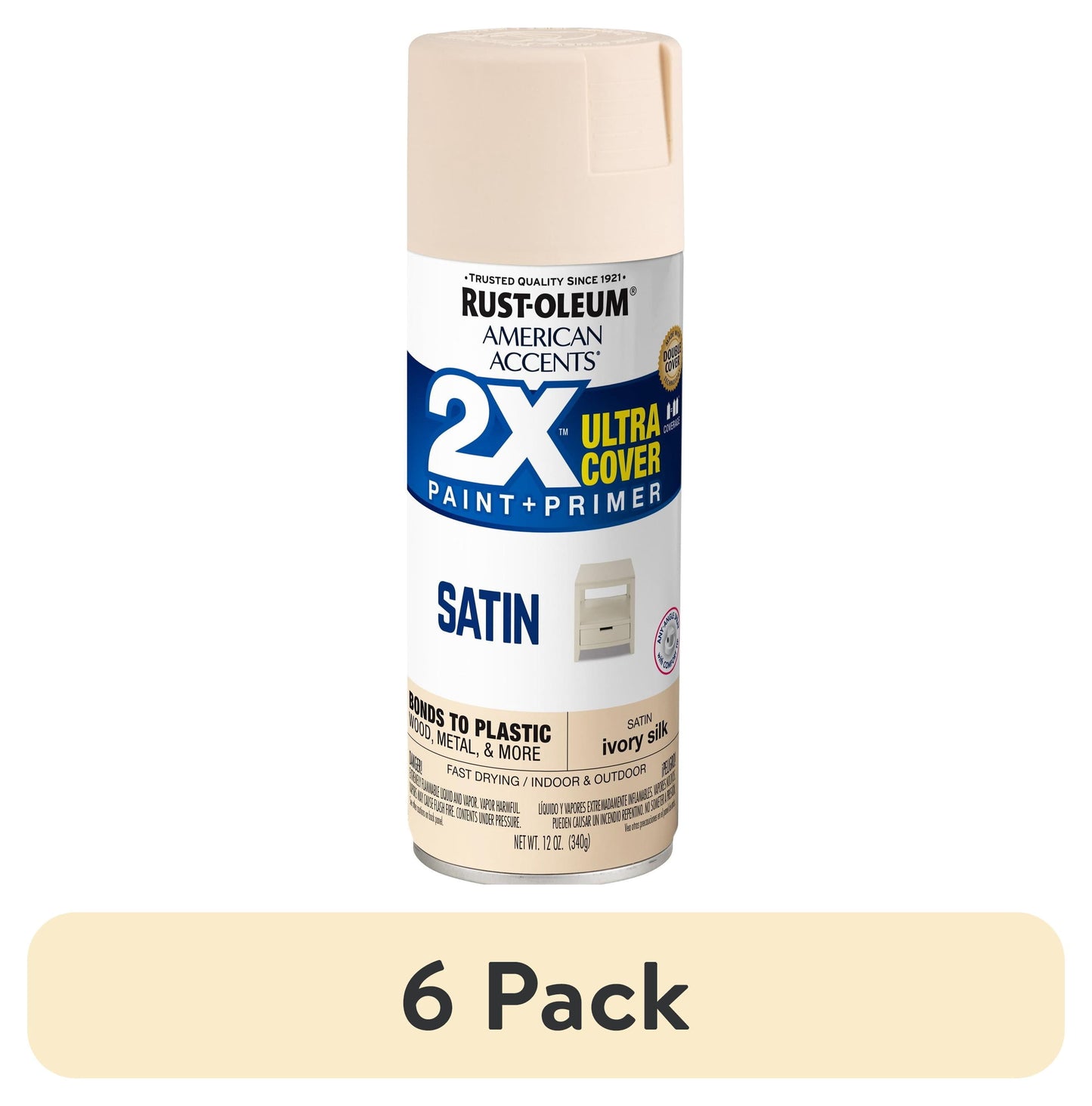 (6 pack) Marfil, Rust-Oleum American Accents 2X Ultra Cover Pintura en Aerosol Satinada-327944, 12 oz