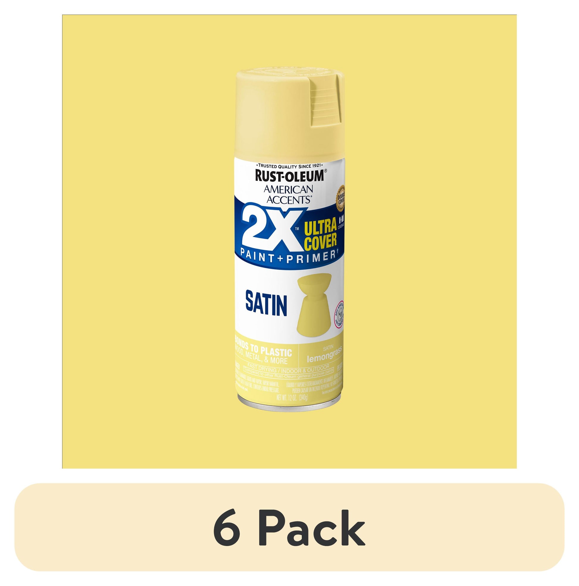(6 pack) Lemongrass, Rust-Oleum American Accents 2X Ultra Cover Satin Spray Paint-376185, 12 oz