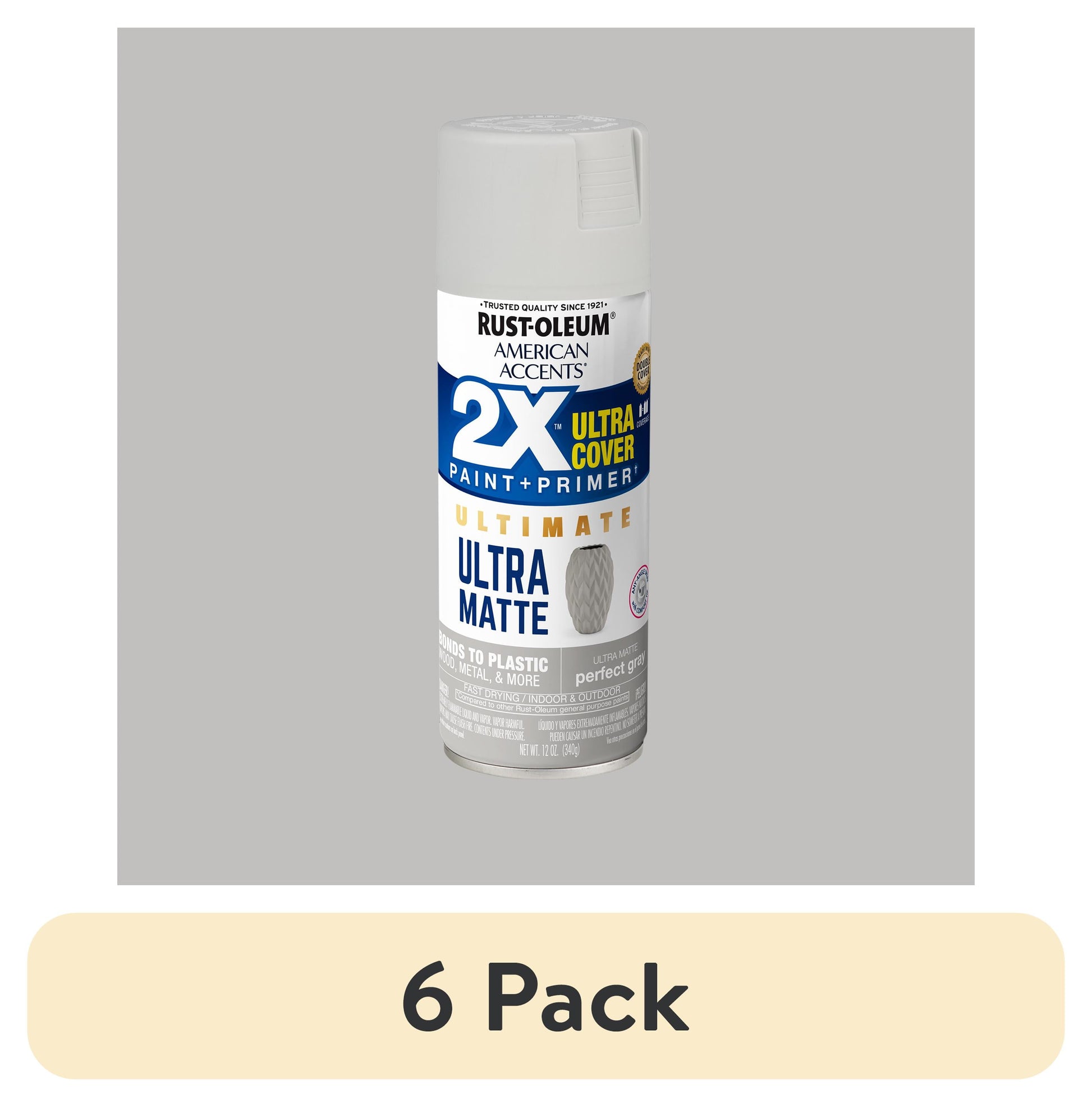 (6 pack) Perfect Gray, Rust-Oleum American Accents 2X Ultra Cover Ultra Matte Spray Paint-328396, 12 oz