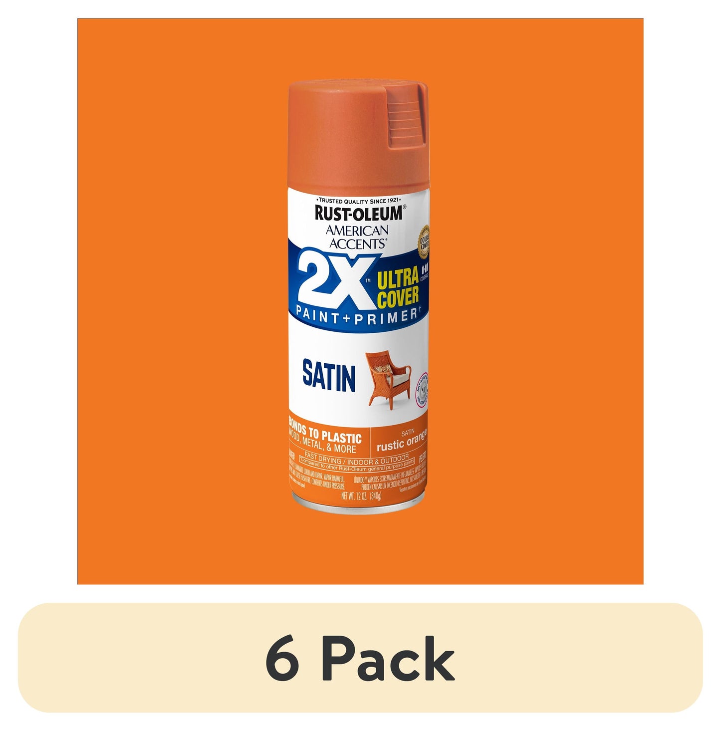 (6 pack) Rustic Orange, Rust-Oleum American Accents 2X Ultra Cover Satin Spray Paint-327927, 12 oz