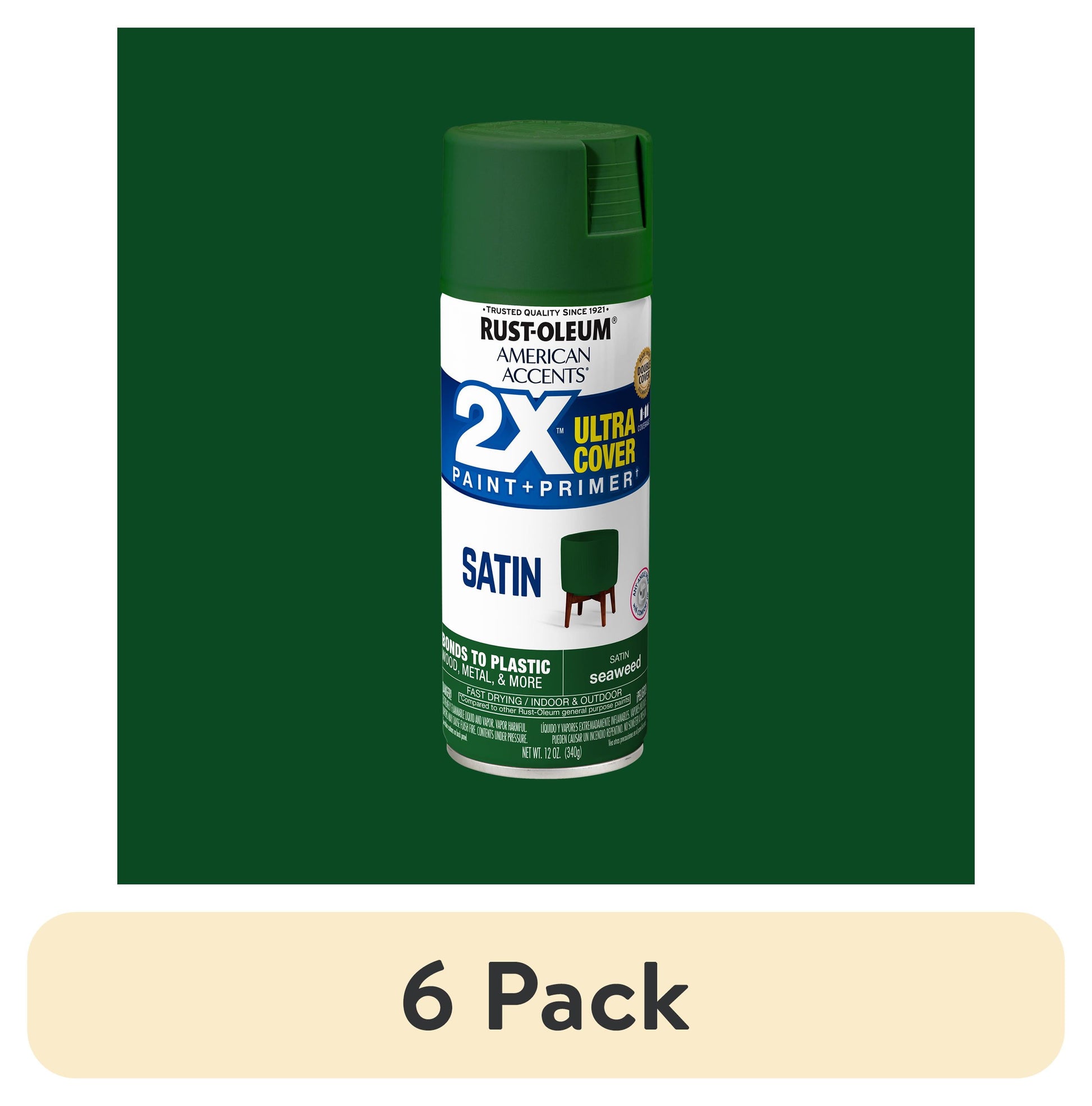 (6 pack) Seaweed, Rust-Oleum American Accents 2X Ultra Cover Satin Spray Paint-383195, 12 oz