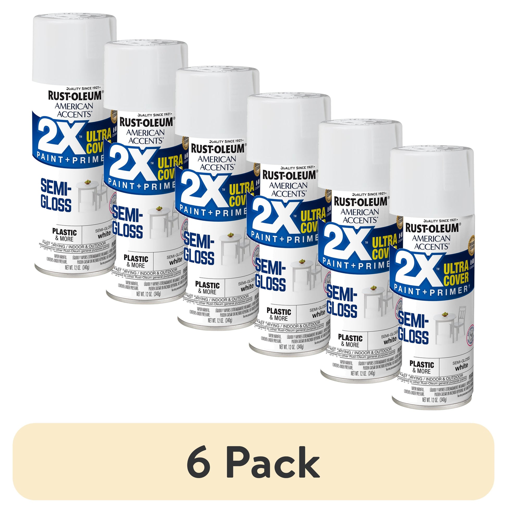(6 pack) Blanco, Rust-Oleum American Accents 2X Ultra Cover Pintura en Aerosol Semibrillante-327951, 12 oz
