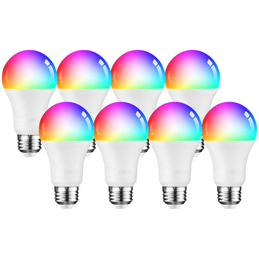 8 Pack A19 A19 Smart LED Light Bulbs, WiFi & Bluetooth, 60W Equiv, E26 Base, 2000K-5000K RGBCW Full Color Changing Smart Bulb