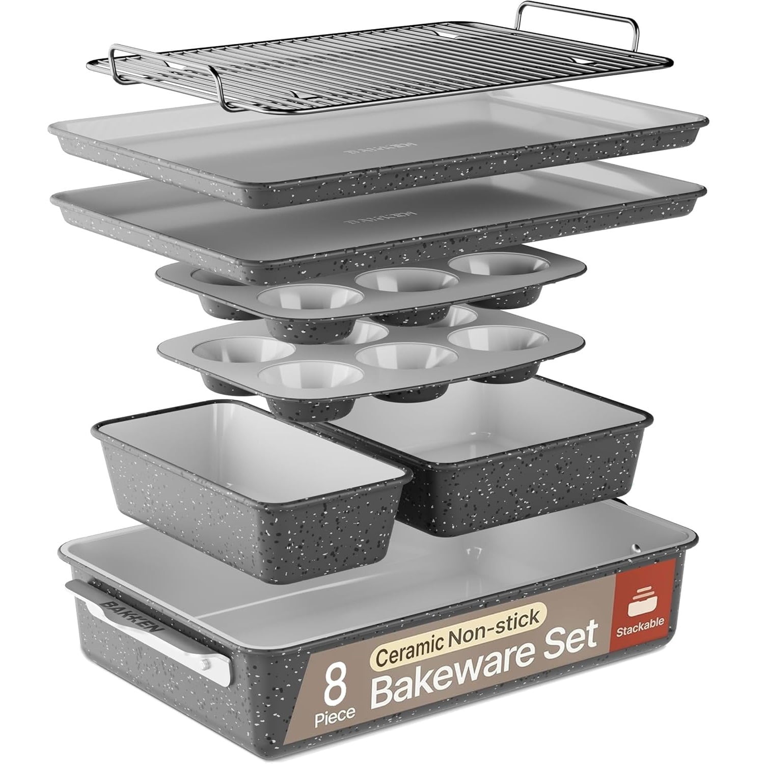 Juego de ReposterÃ­a Apilable de 8 Piezas - Acero Aluminizado con Recubrimiento CerÃ¡mico Antiadherente, Horneado Saludable, Asas ErgonÃ³micas, Rejilla de Enfriamiento, No TÃ³xico, Apto para Horno, Calidad Duradera