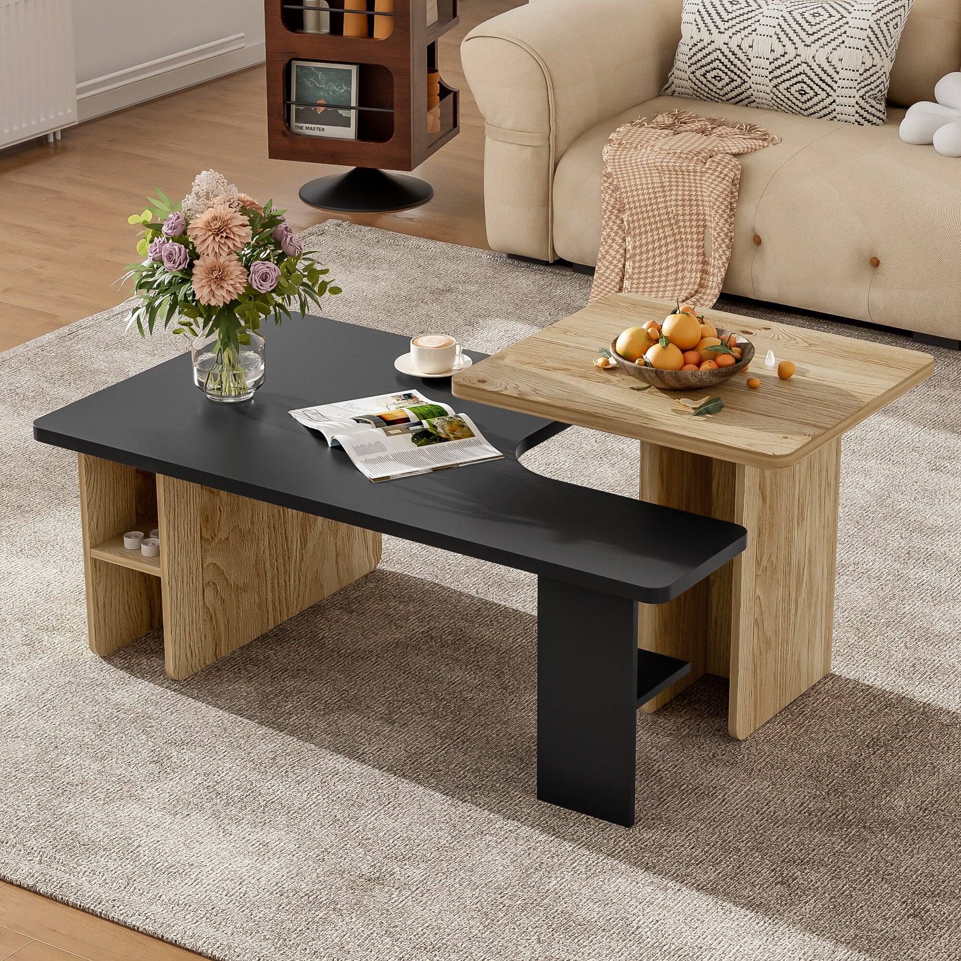 AENKYO Modern Nesting Coffee Table Set, 2-Piece Wood Grain End Tables with Open Shelves for Living Room, Black