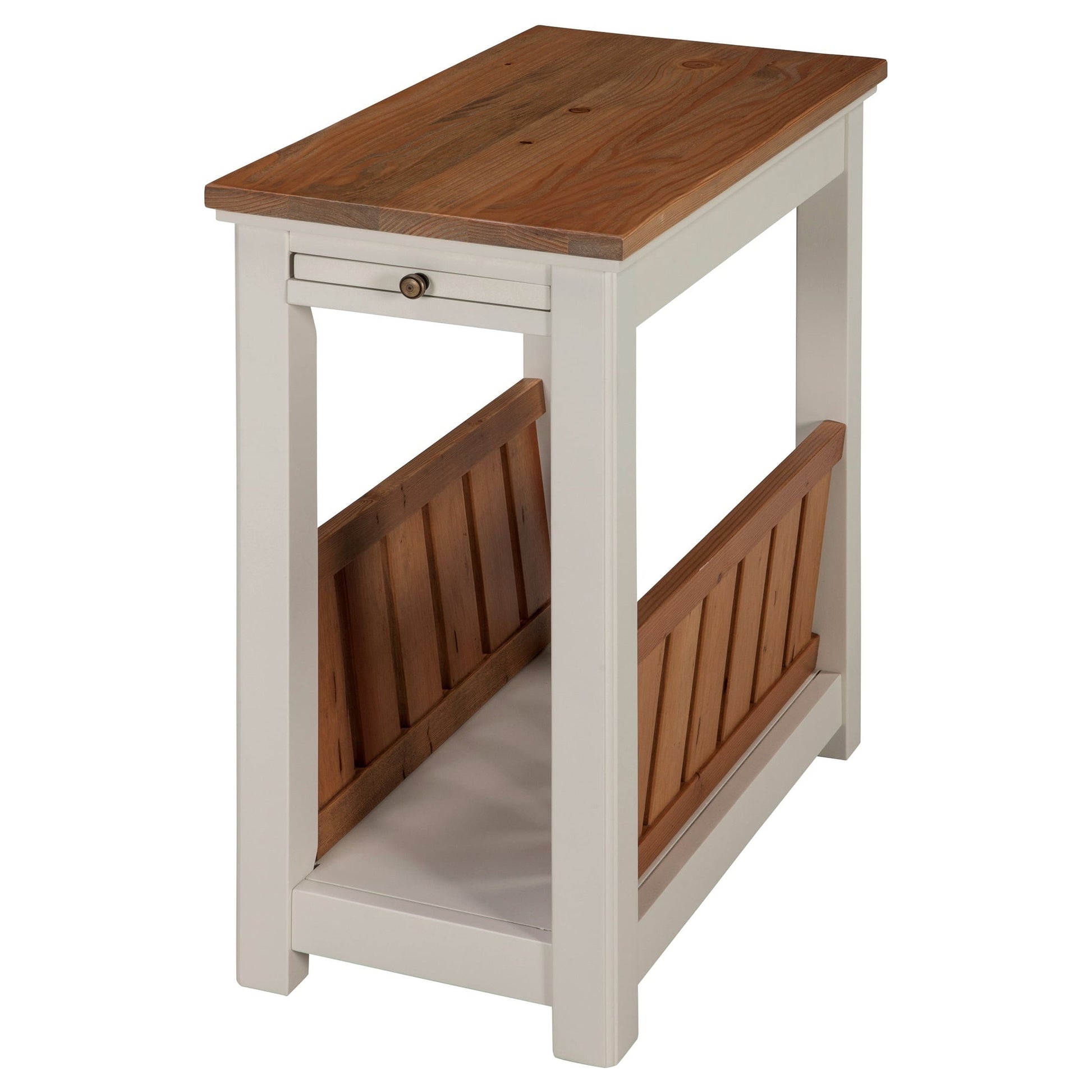 Bolton Furniture Savannah Chairside Magazine End Table with Pull-out Shelf, Ivory with Natural Wood Top