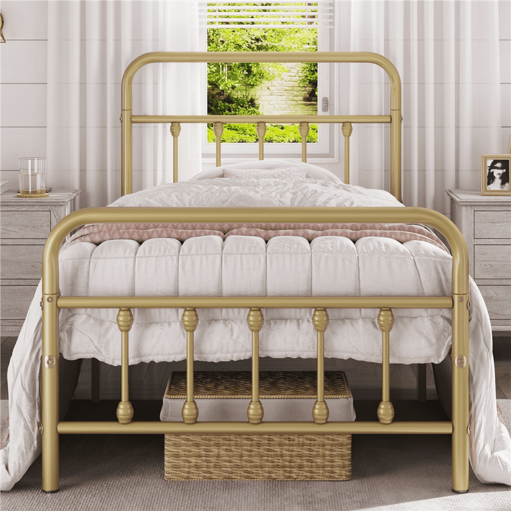 Alden Design Base de Cama Tipo Plataforma de Metal TamaÃ±o Twin con Cabecera y Pie de Cama Altos para Adulto, Oro Antiguo