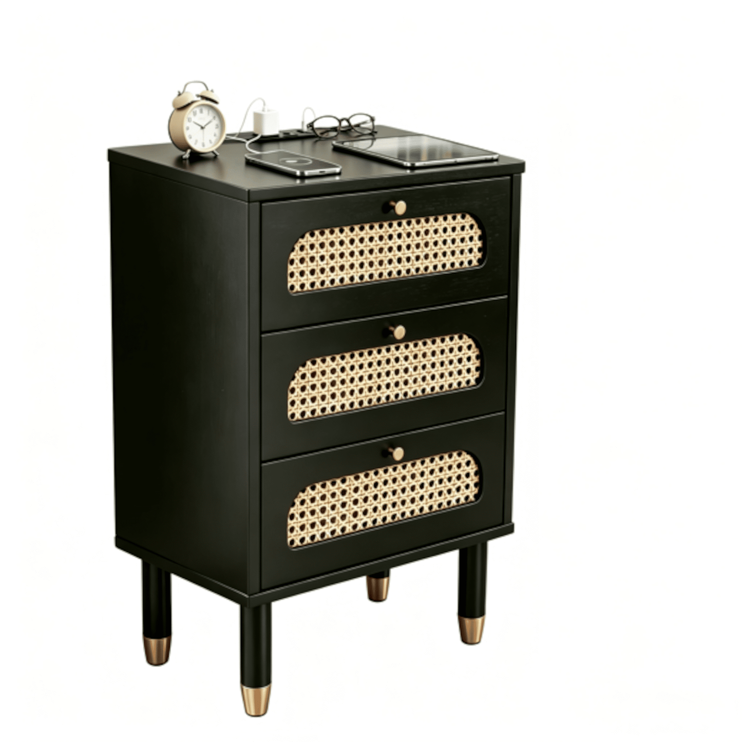 Alvantor 3-Drawer Nightstand with Built-in Charging Station, Black Rattan Accent Fronts, USB Ports and Power Outlet