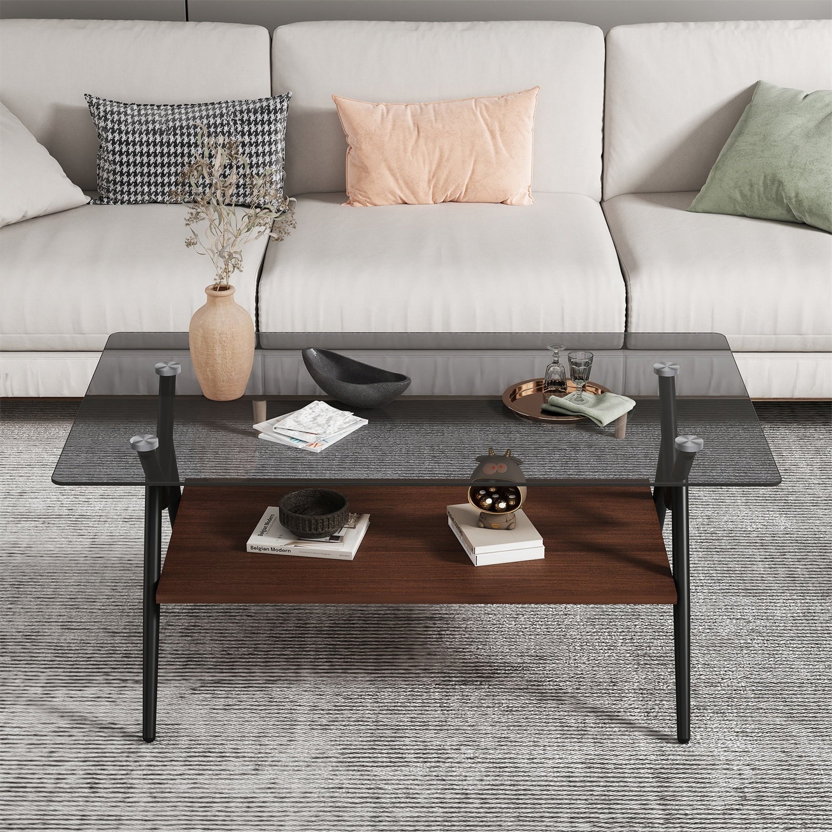 Alvantor Glass Coffee Table, 38.6" Modern Coffee Table with Tempered Glass Top and Metal Legs for Living Room Brown