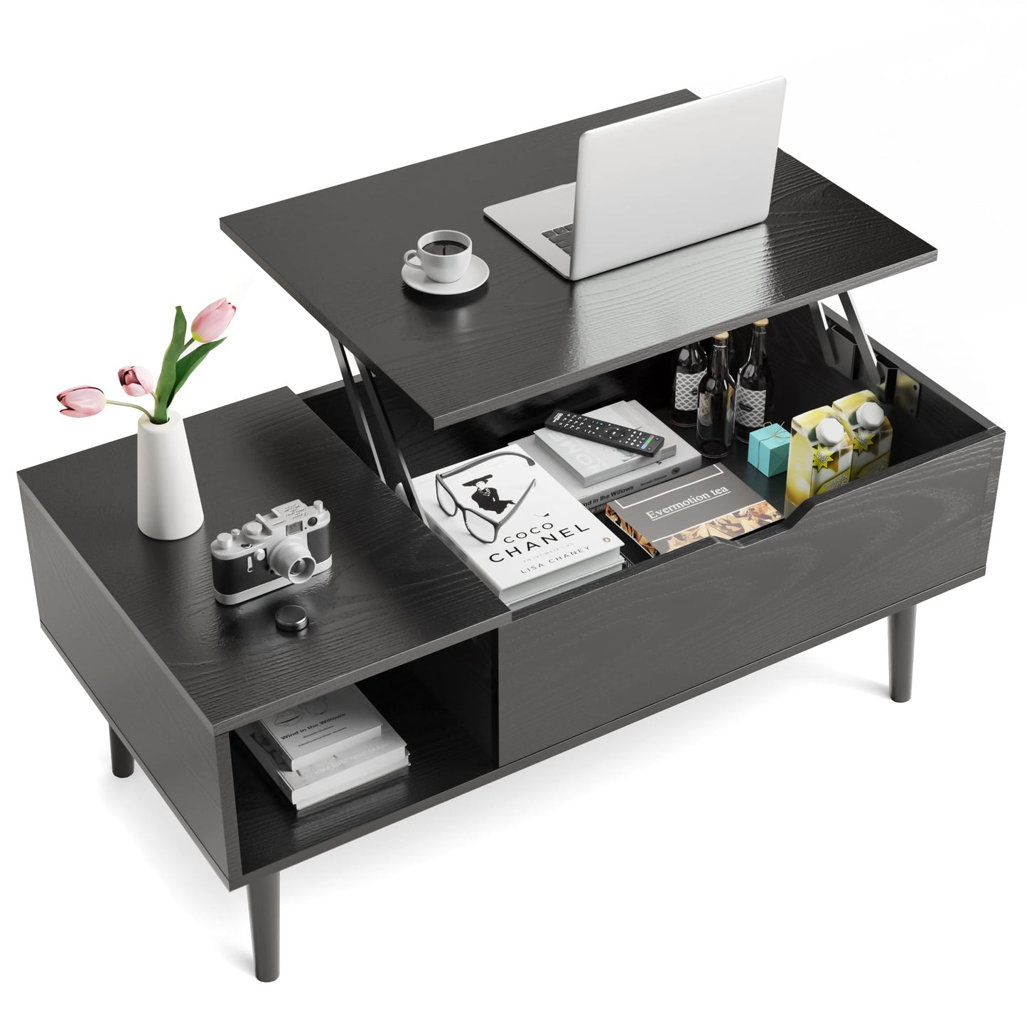 Alvantor Mesa de Centro Elevable con Compartimento de Almacenamiento Oculto, DiseÃ±o Moderno, MarrÃ³n/negro