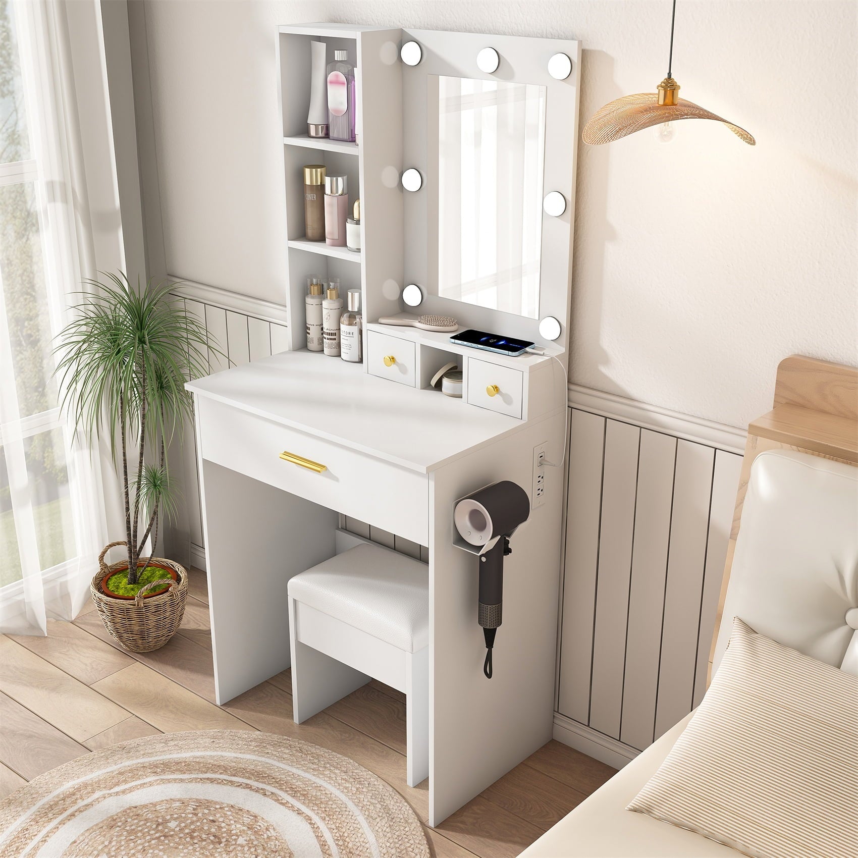Alvantor Vanity Table and Stool Set with Mirror & Lights, White Finish, Power Outlet Included