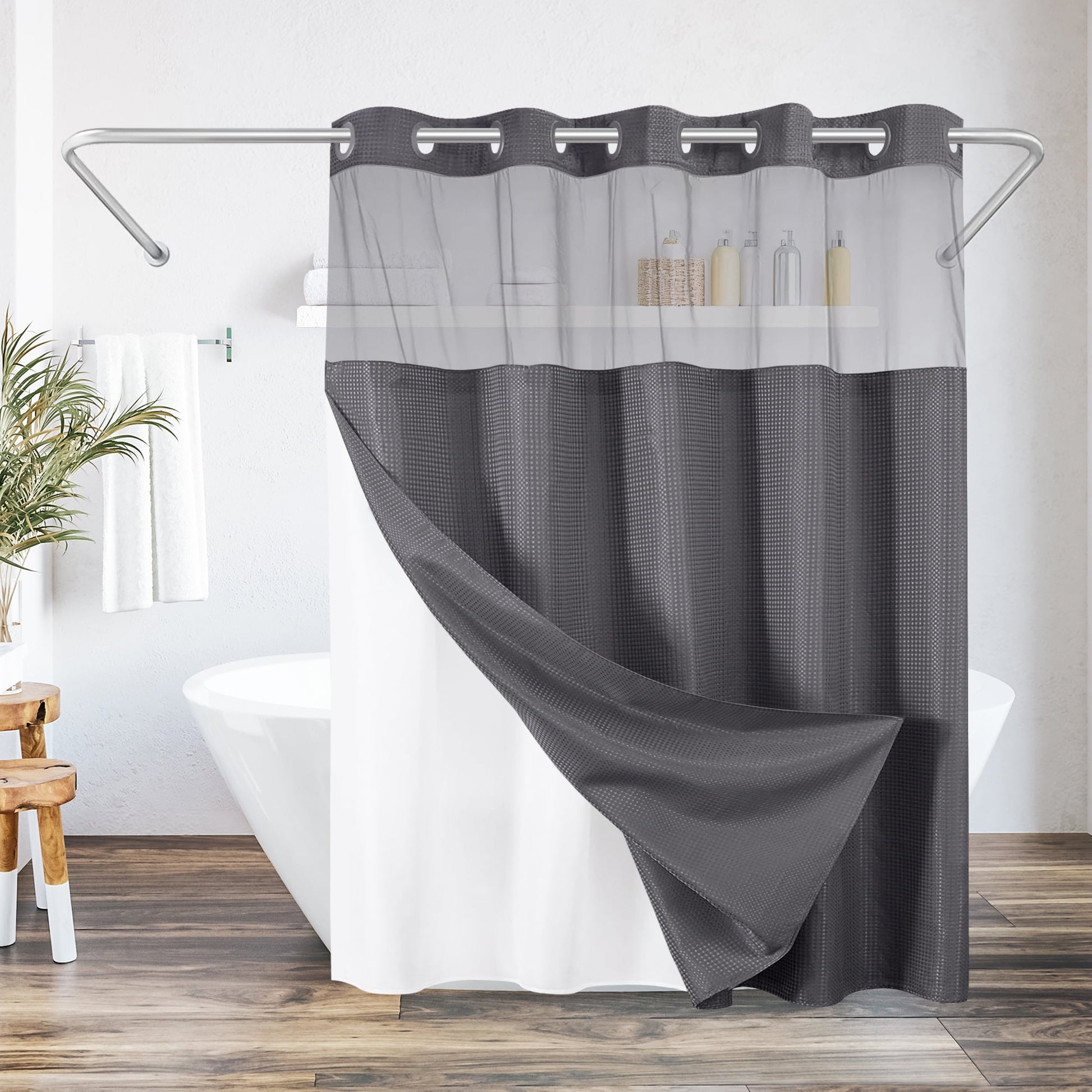 Americanflat 72x75 Grey Hookless Waffle Pattern Shower Curtain - Water-Resistant Long Shower Curtain with Sheer Panel, Snap-In Liner, and Grommets