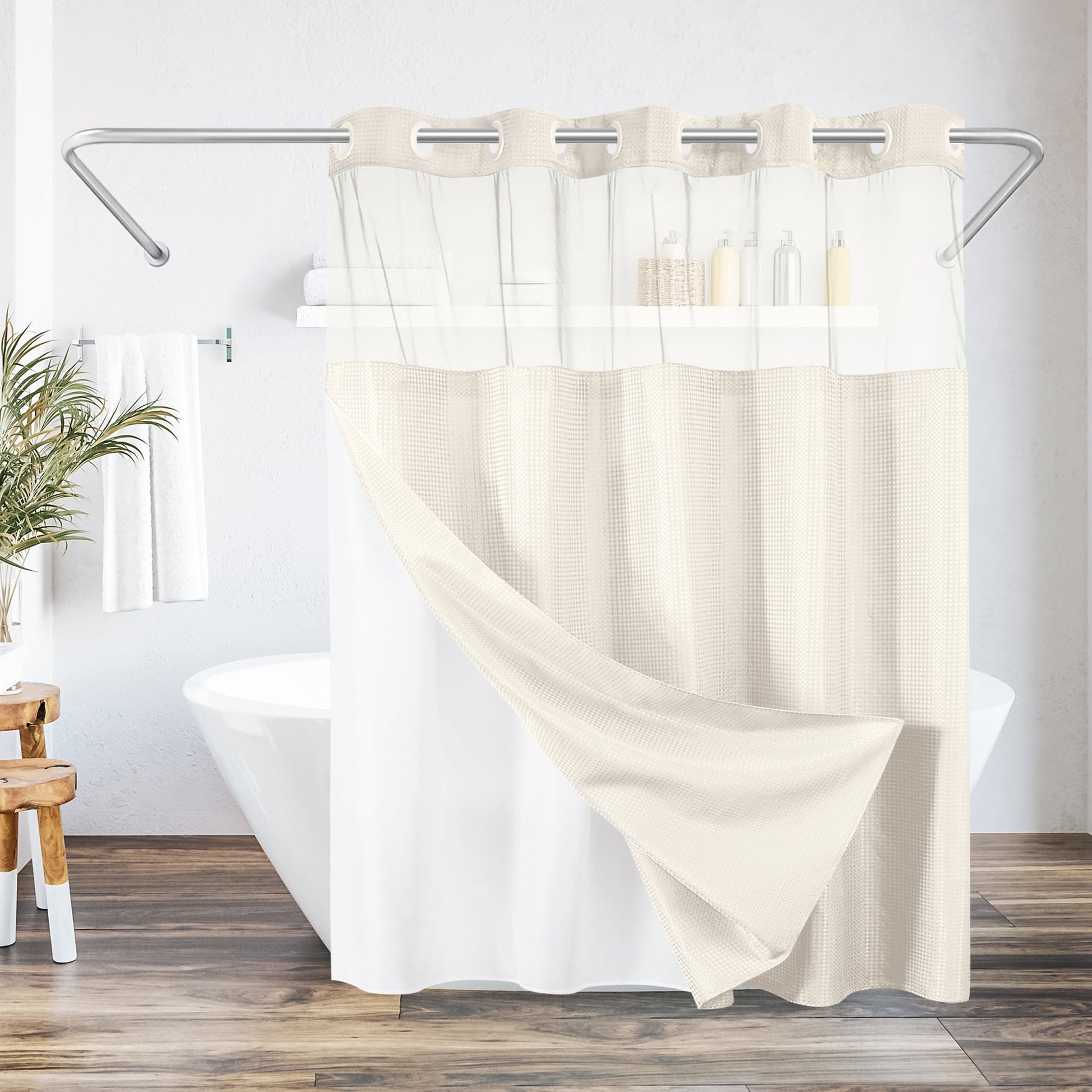 Americanflat 72x75 Ivory Hookless Waffle Pattern Shower Curtain - Water-Resistant Long Shower Curtain with Sheer Panel, Snap-In Liner, and Grommets
