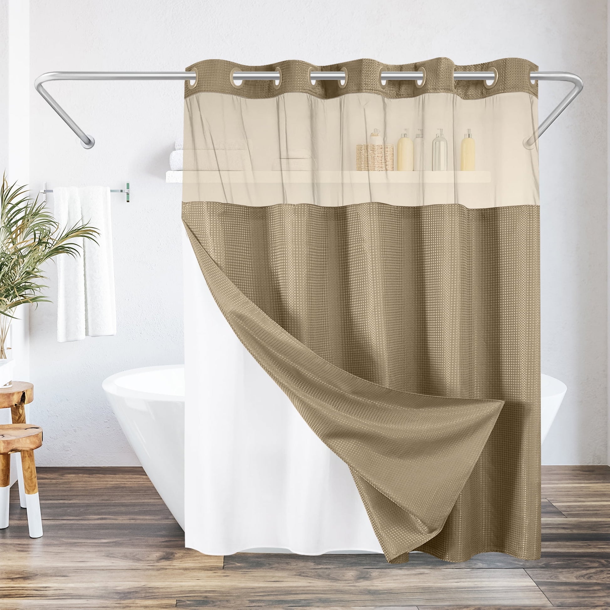 Americanflat 72x75 Yellow Hookless Waffle Pattern Shower Curtain - Water-Resistant Long Shower Curtain with Sheer Panel, Snap-In Liner, and Grommets