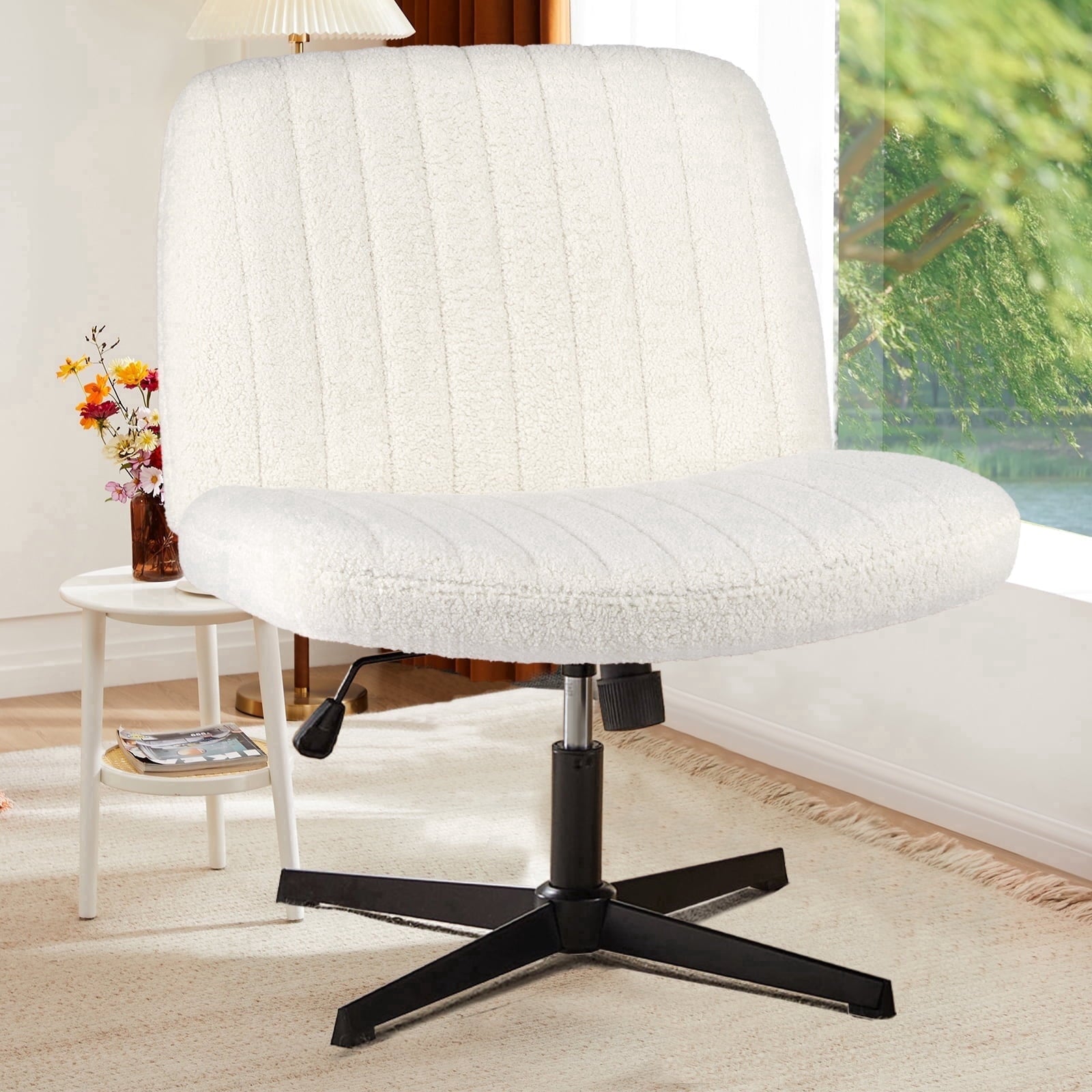 Armless Criss Cross Legged Office Chair, Desk Chair No Wheels, Teddy Fabric, Beige