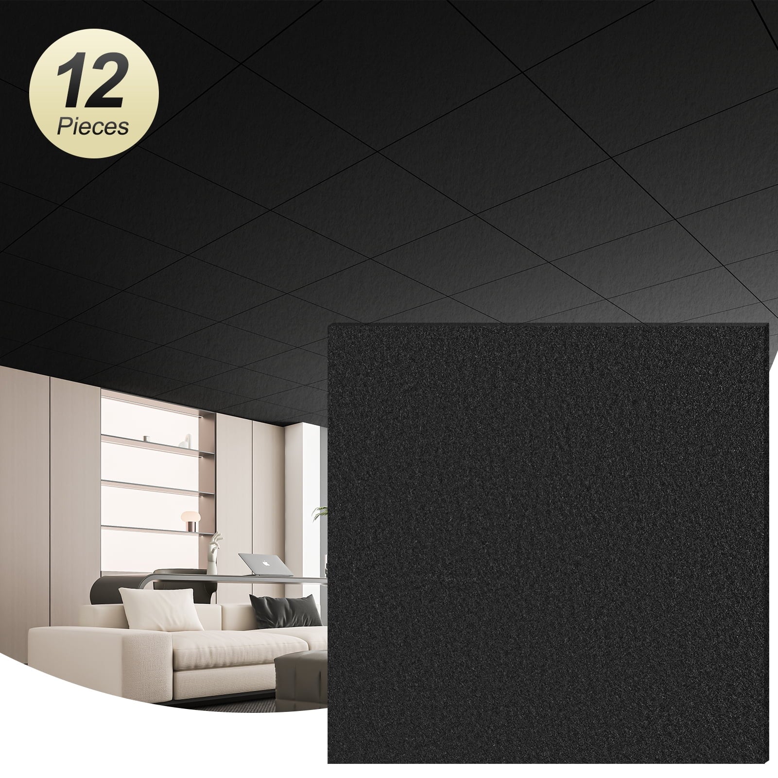 Art3dwallpanel 12-Pack 2x2ft Waterproof Ceiling Tiles, Acoustic, No-Sag Panels for Basement & Office,Black