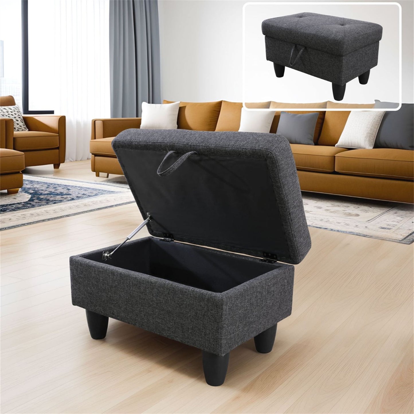 Aukfa 29" Storage Ottoman Bench for Sectional Sofa Set, Lift Top, Linen, Black Grey