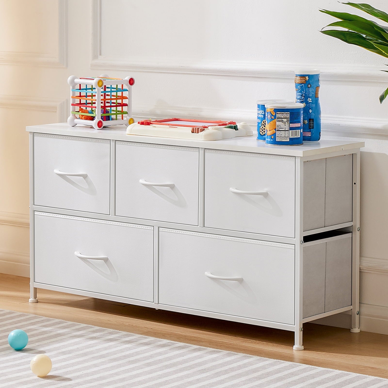Aukfa 5 Drawer Dresser,Wide Chest of Drawers for Bedroom with Metal Frame for TV,White