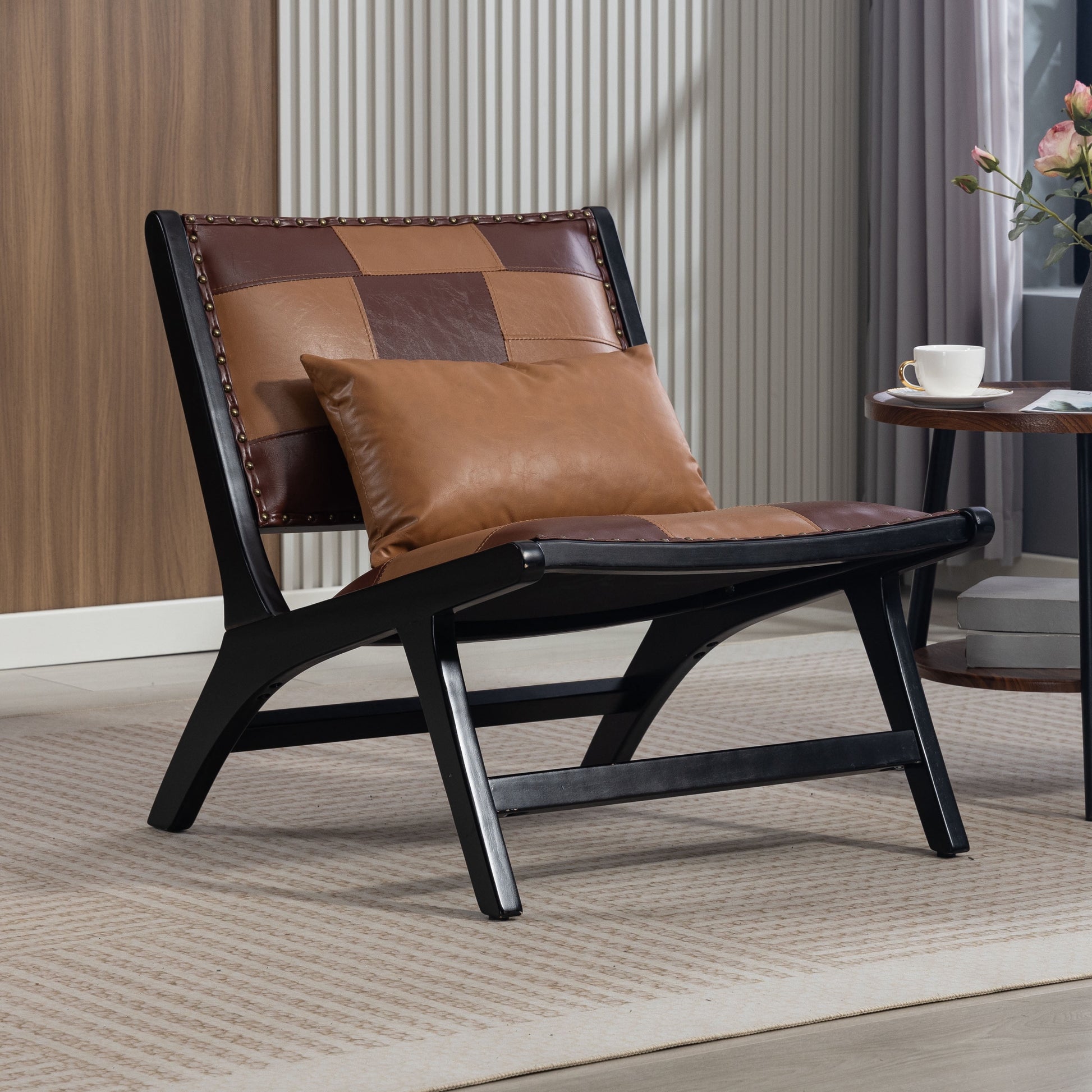 Aukfa Mid Century Accent Chair with Solid Wood Frame, Scandinavian Lounge Arm Chair for Living Room Bedroom,Brown