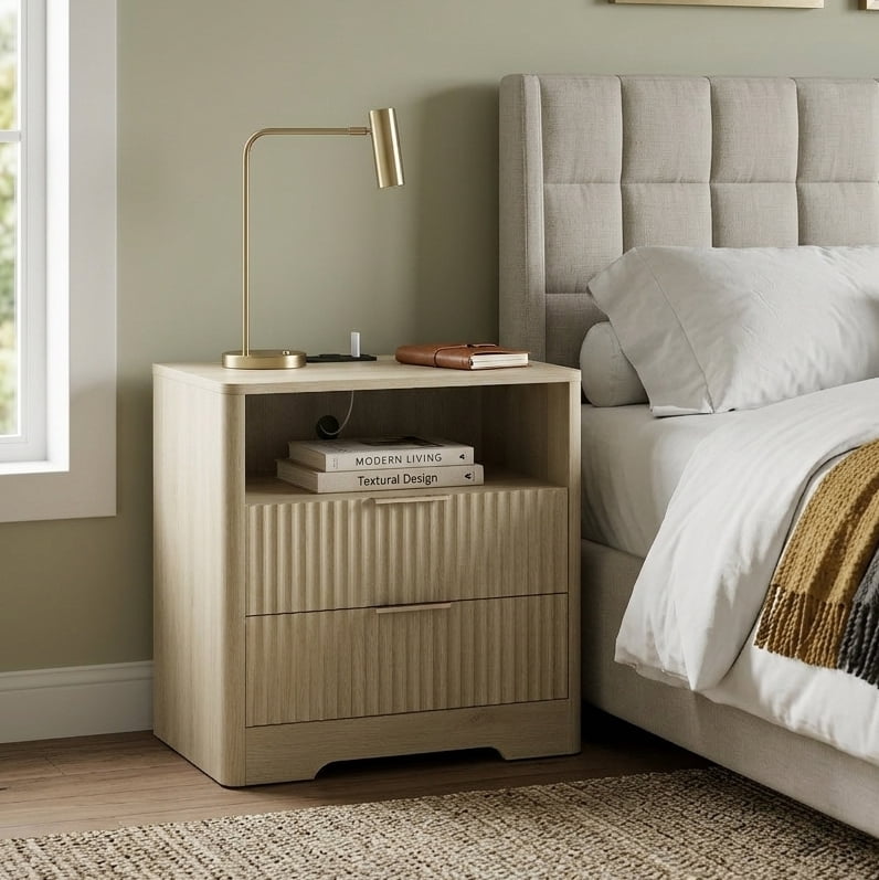 Aukfa Smart 2 Drawer Nightstand with Voice Control & Charging Station,7-Color LED Bedside Table for Bedroom,Natural