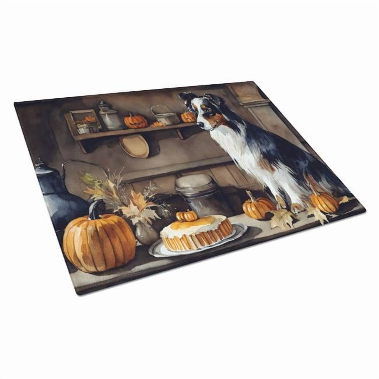 Australian Shepherd Fall Kitchen Pumpkins Glass Cutting Board Large 12 in x 15 in