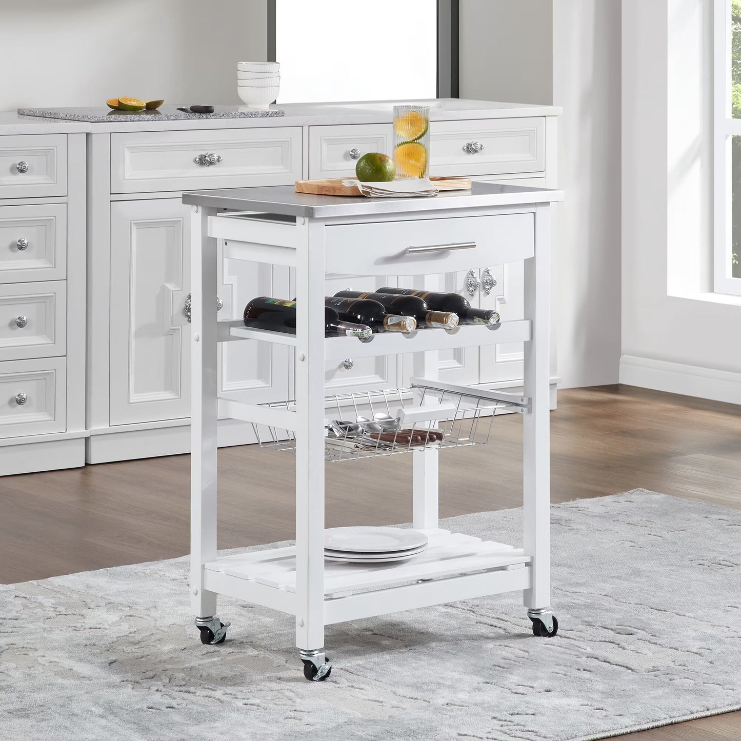 Avobird Kitchen Island Cart, Mobile Kitchen Cart with 22inch Stainless Steel Countertop/Underneath Drawer/Slide-Out Wire Storage Basket, White
