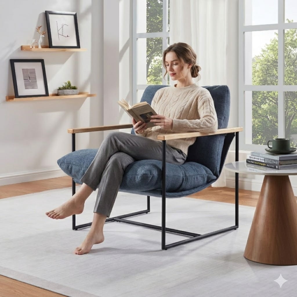 Avobird Modern Accent Chair for Living Room, Bedroom, Office, Vanity Chair with Wood Armrests & Removable Cushion, Blue