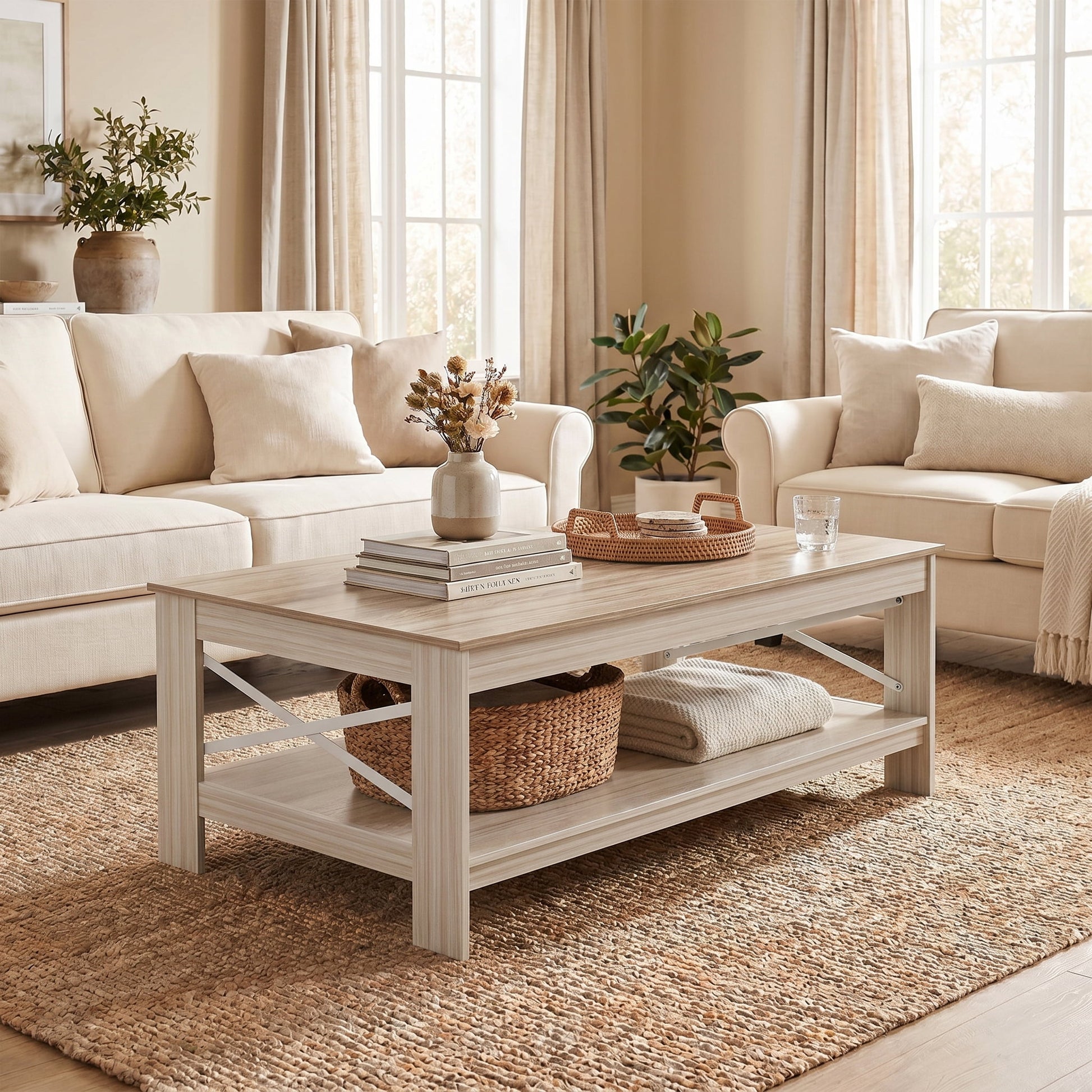 BEAUTYPEAK 40"x22" Coffee Table with Storage Shelves Rectangular Living Room Center Table, Beige